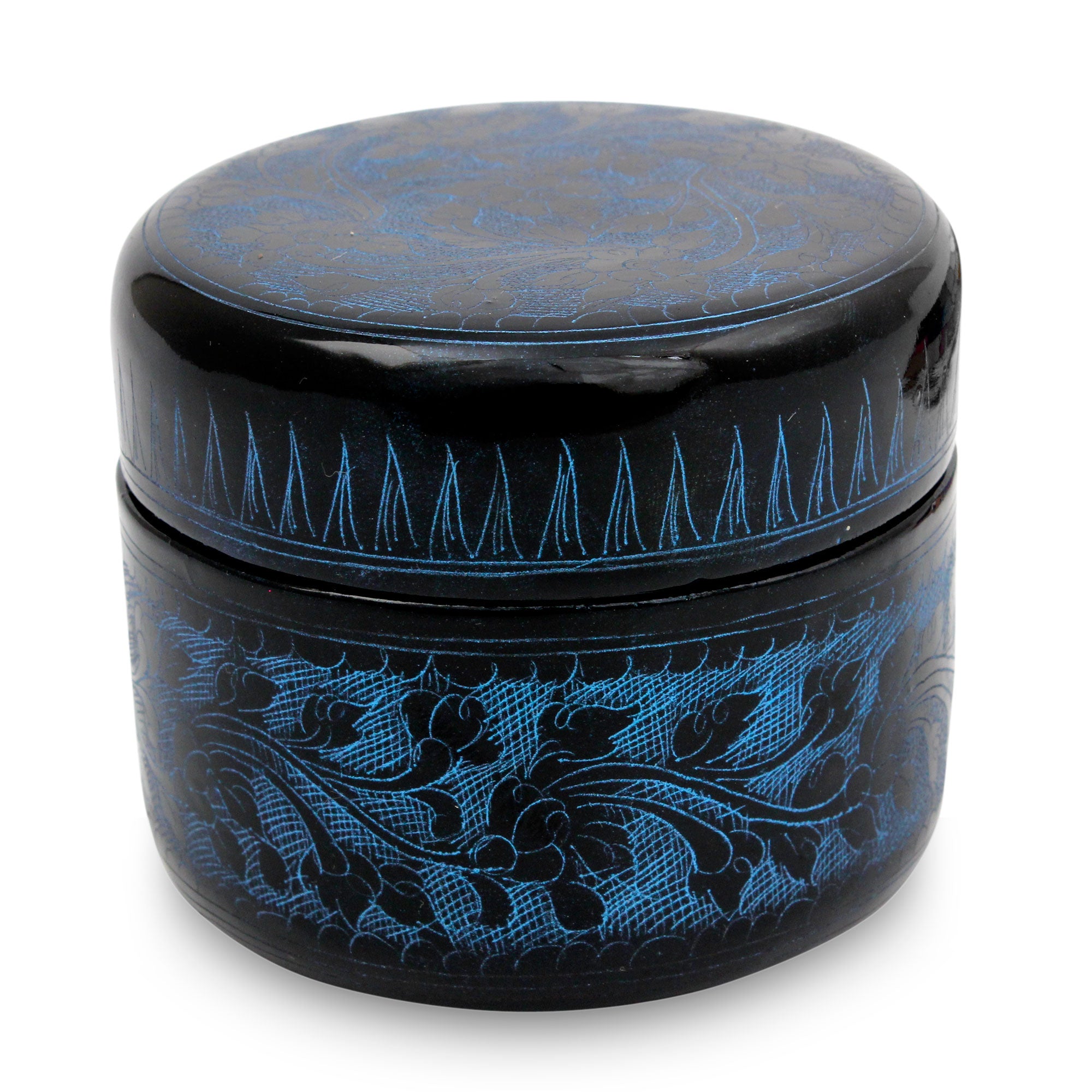 Premium Handcrafted Exotic Blue Flora Round Decorative Box - Lacquered Mango Wood