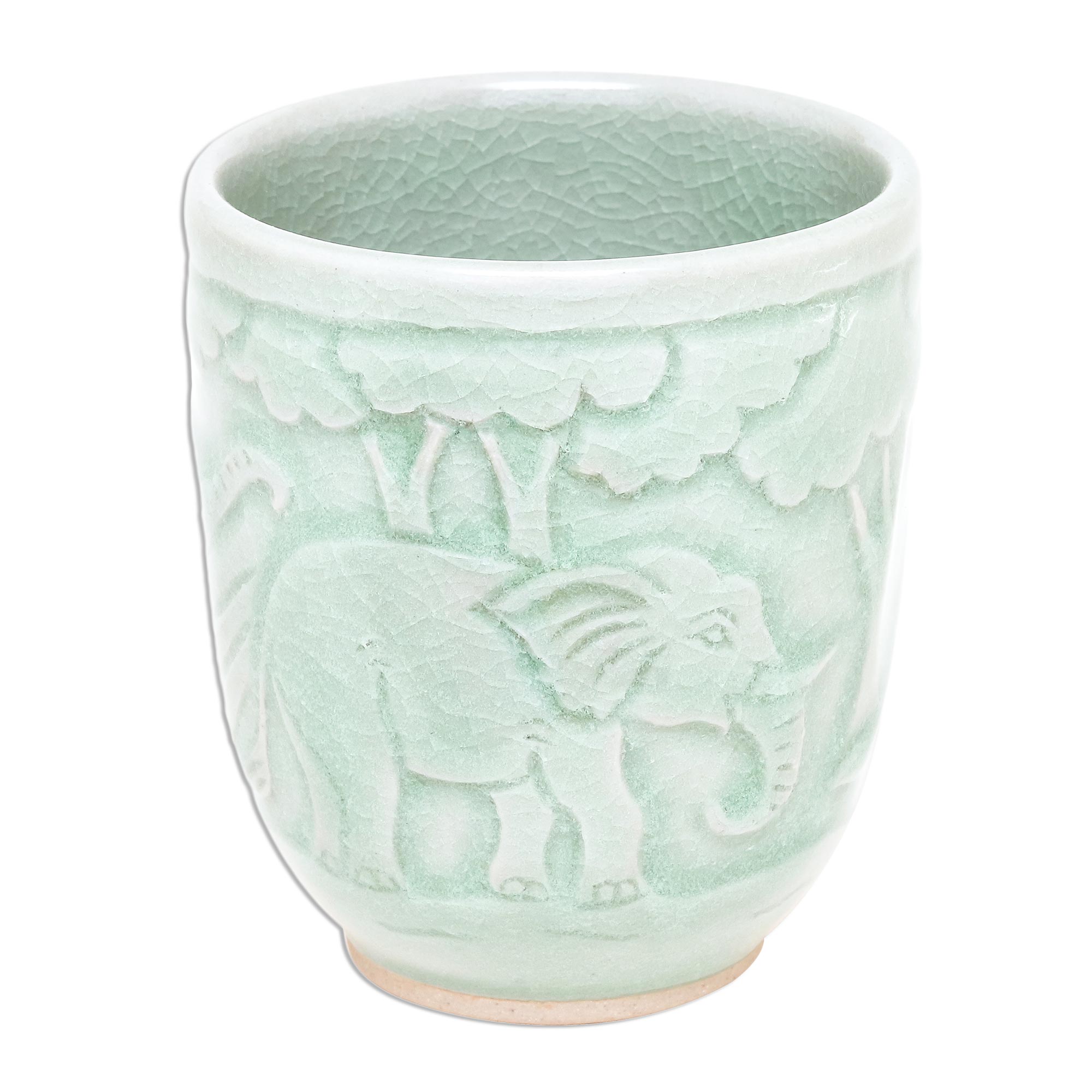 Premium Elephant Forest Celadon Teacup – Handcrafted Ceramic Art from Thailand