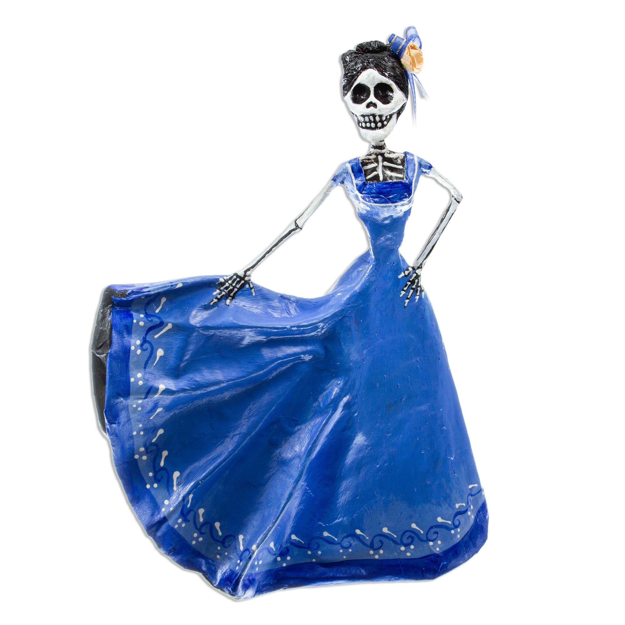 Premium Blue Dancing Catrina - Handcrafted Papier Mache Statuette