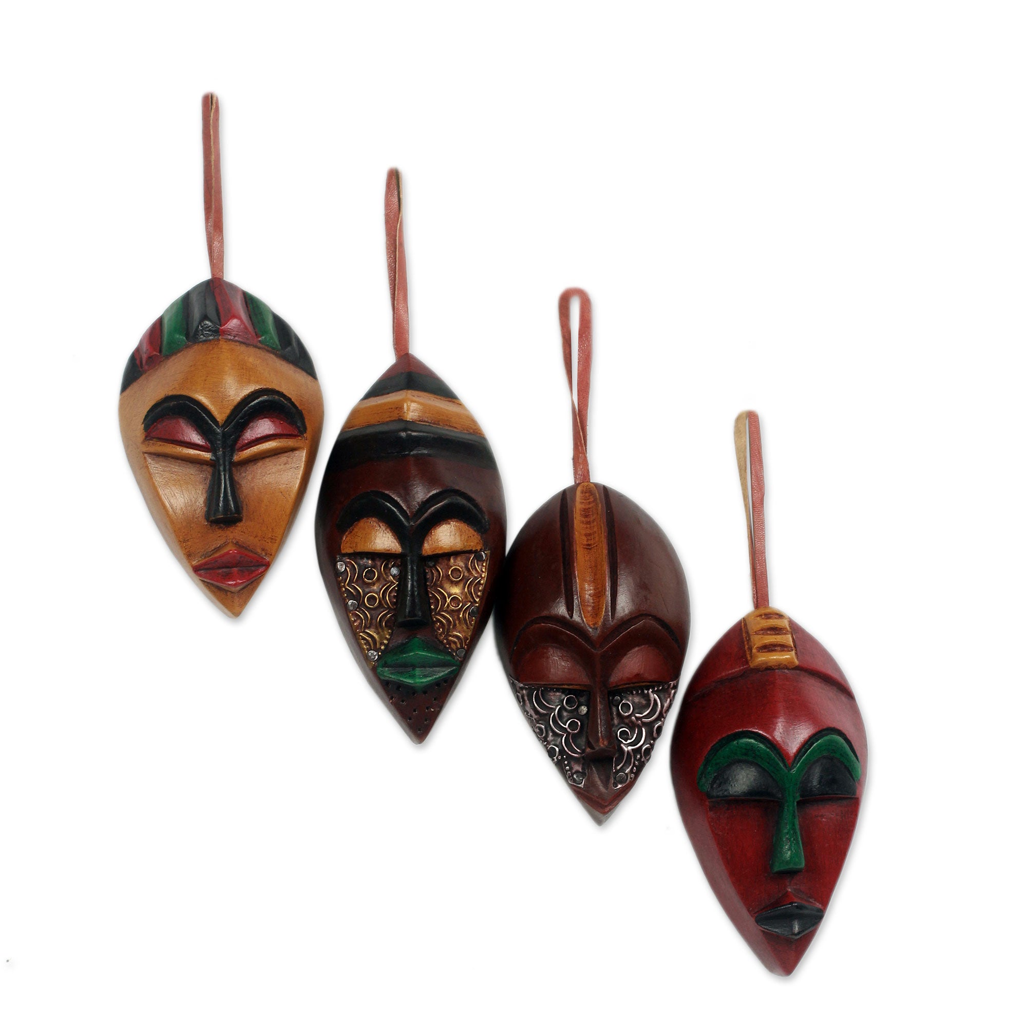 Premium African Wood Christmas Ornaments - Hand-Carved Celebration Masks (Set of 4)