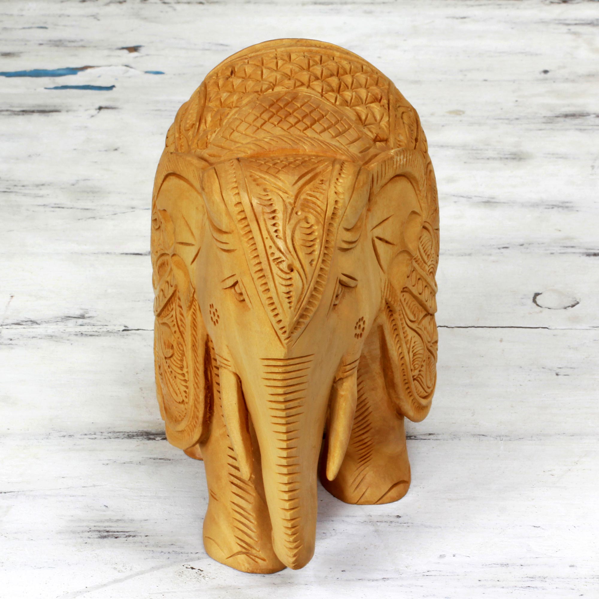 Premium Majestic Elephant Hand-Carved Sculpture - 6 Inch Kadam Wood Jali Art