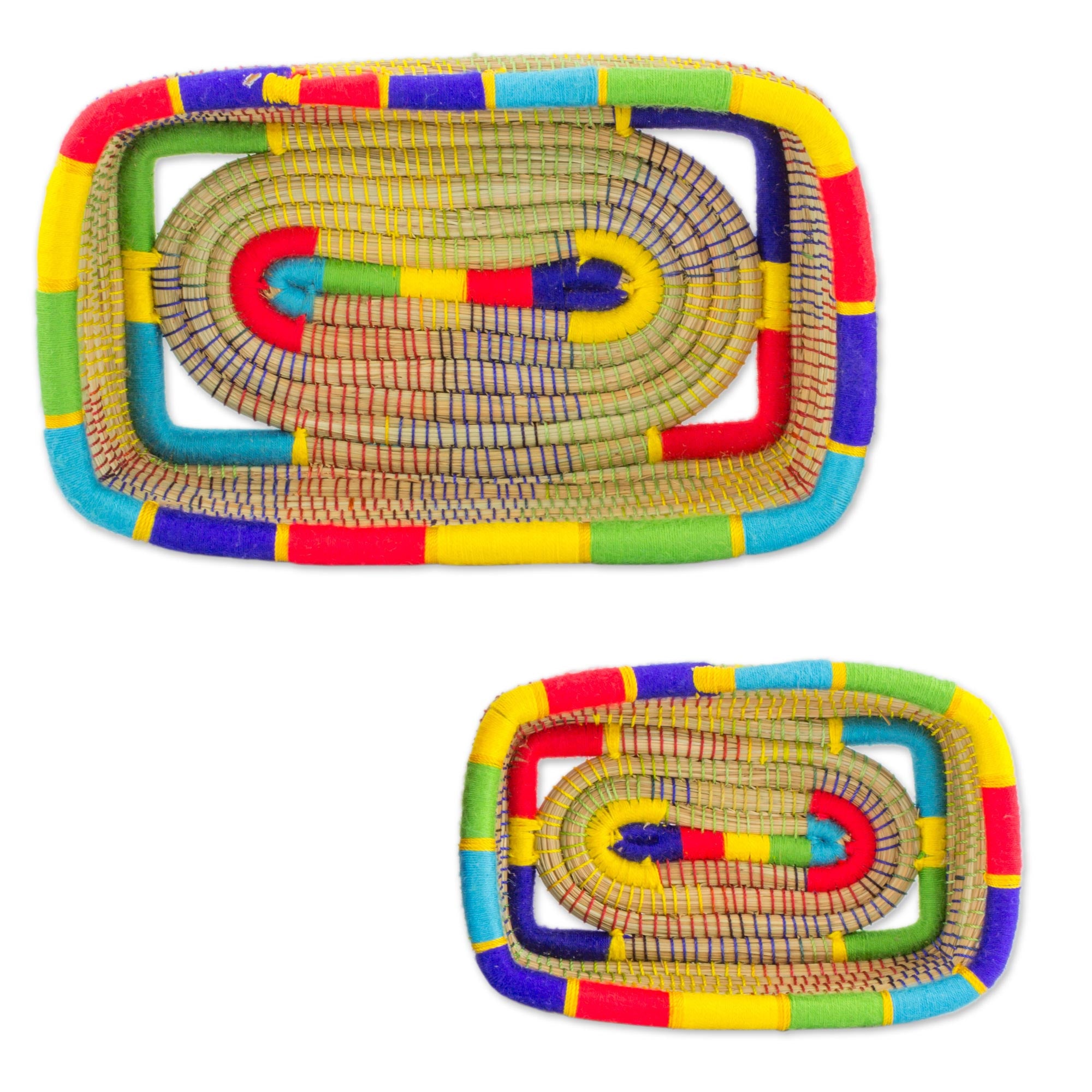 Premium Nicaraguan Handwoven Pine Needle Baskets - Multicolored Rainbow Trim, Set of 2