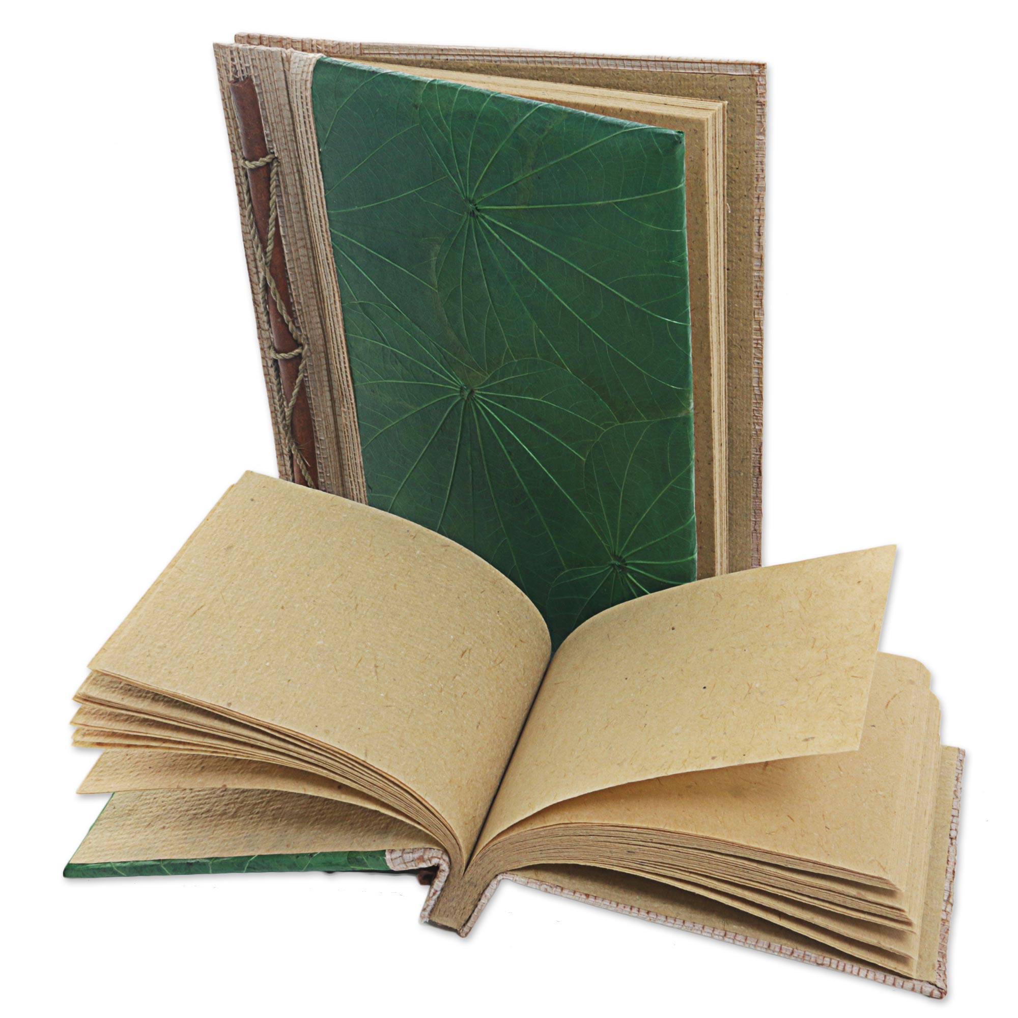 Premium Handcrafted Green Autumn Spirit Rice Paper Notebooks - Eco-Friendly Pair from Indonesia