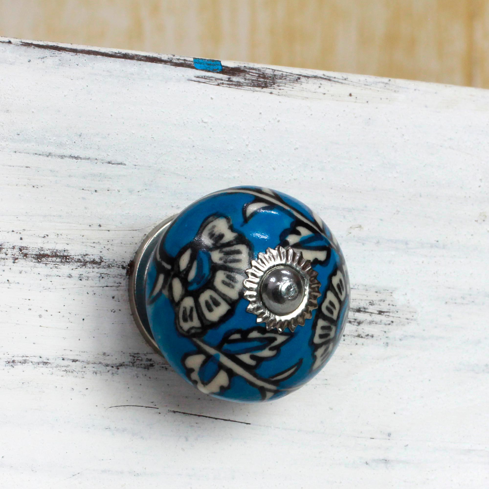 Premium Handcrafted Blue Floral Ceramic Cabinet Knobs - Set of 6