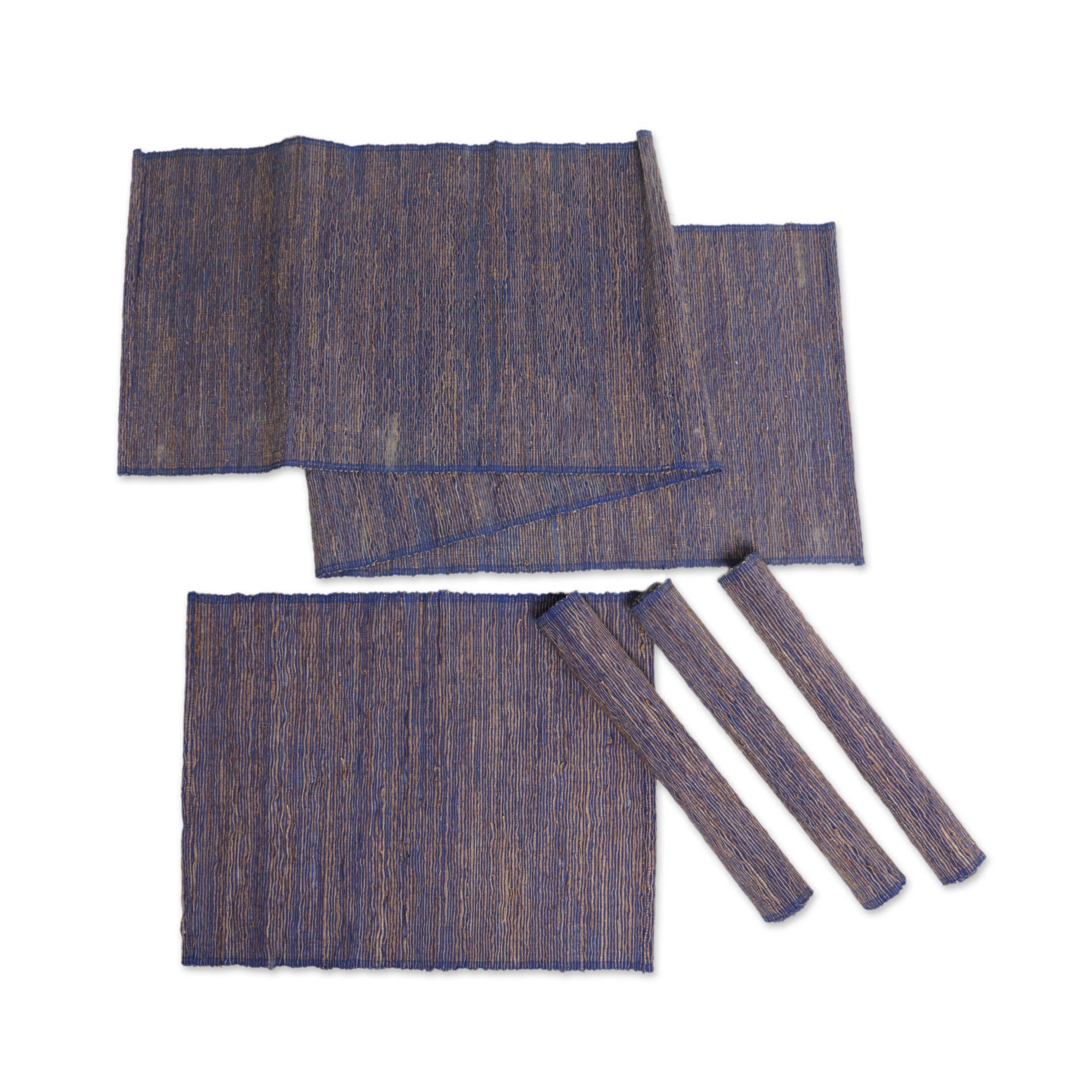 Premium Blue Fiber & Cotton Blend Table Runner and Placemats Set