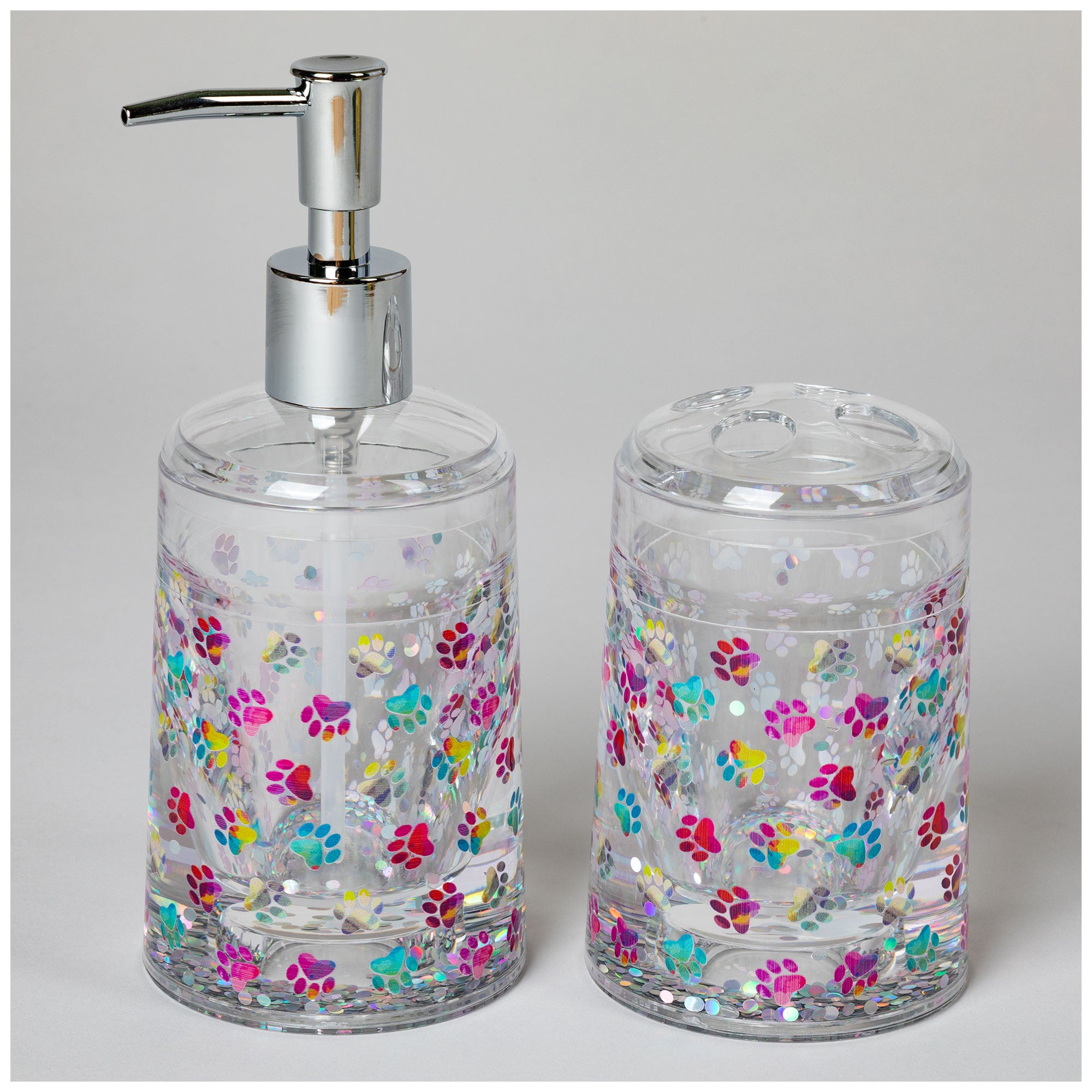 Ultimate Paw Print Acrylic Bathroom Duo - Soap Dispenser & Toothbrush Holder Set