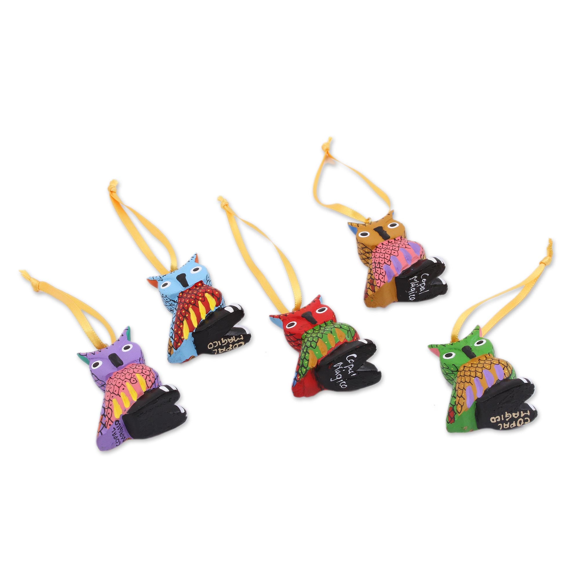 Premium Hand-Painted Alebrije Owl Ornaments - Set of 5, Authentic Mexican Craft