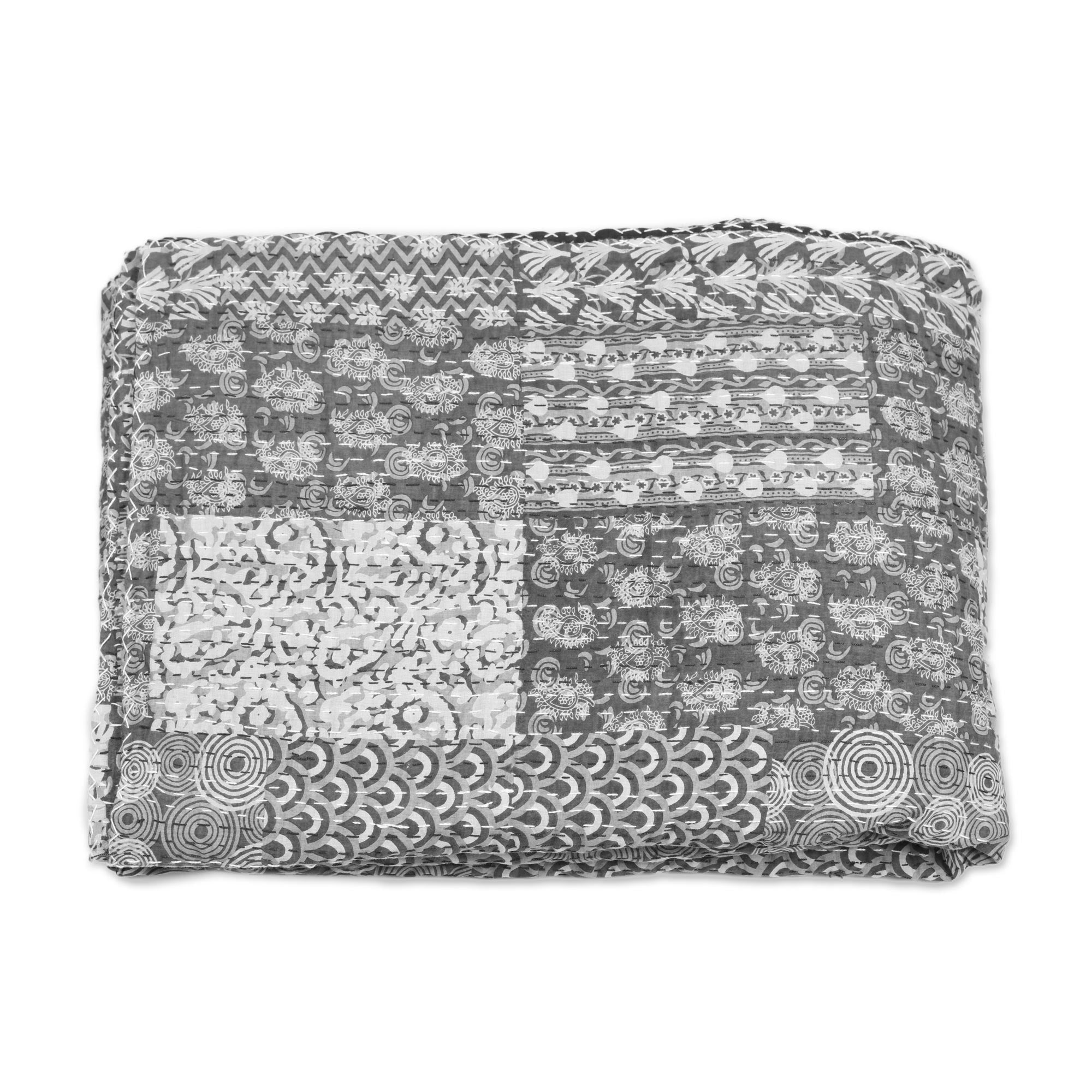 Premium Grey Kantha Cotton Bedspread Set with Matching Shams (3-Piece)