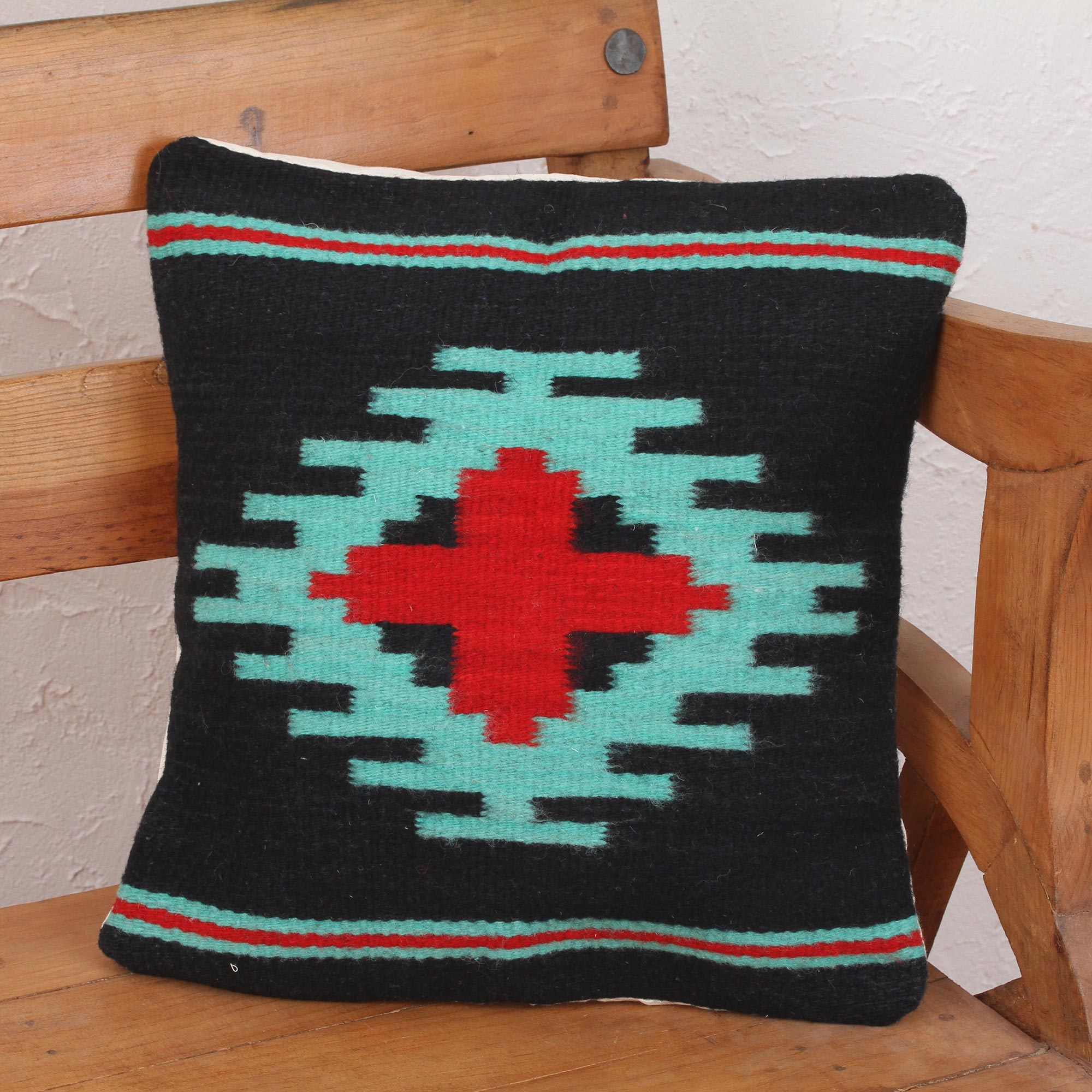 Premium Handwoven Geometric Wool Pillow Cover - 'Red Oaxaca Star' by NOVICA