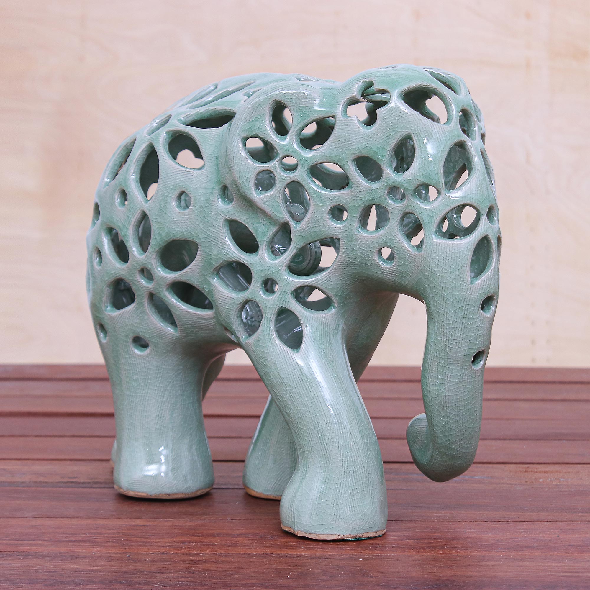 Premium Handcrafted Celadon Elephant Sculpture – Floral Artistry by Thai Artisans