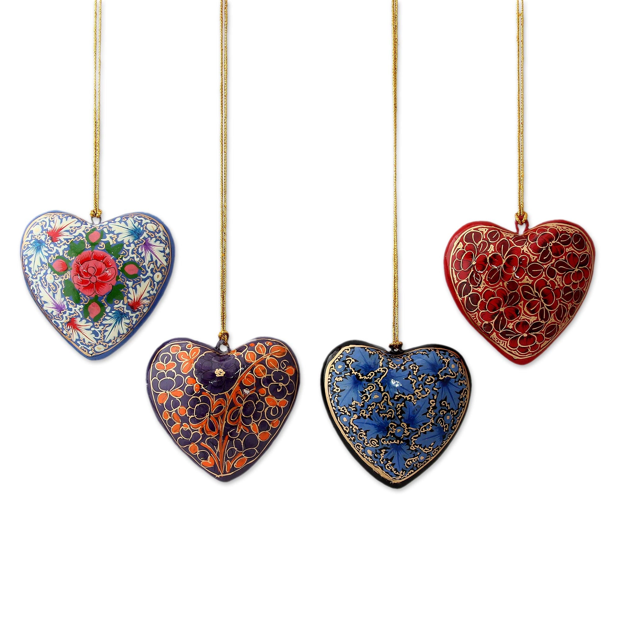 Premium Handcrafted Bouquet of Hearts: 4 Artisan Papier Mache Ornaments with Floral Designs