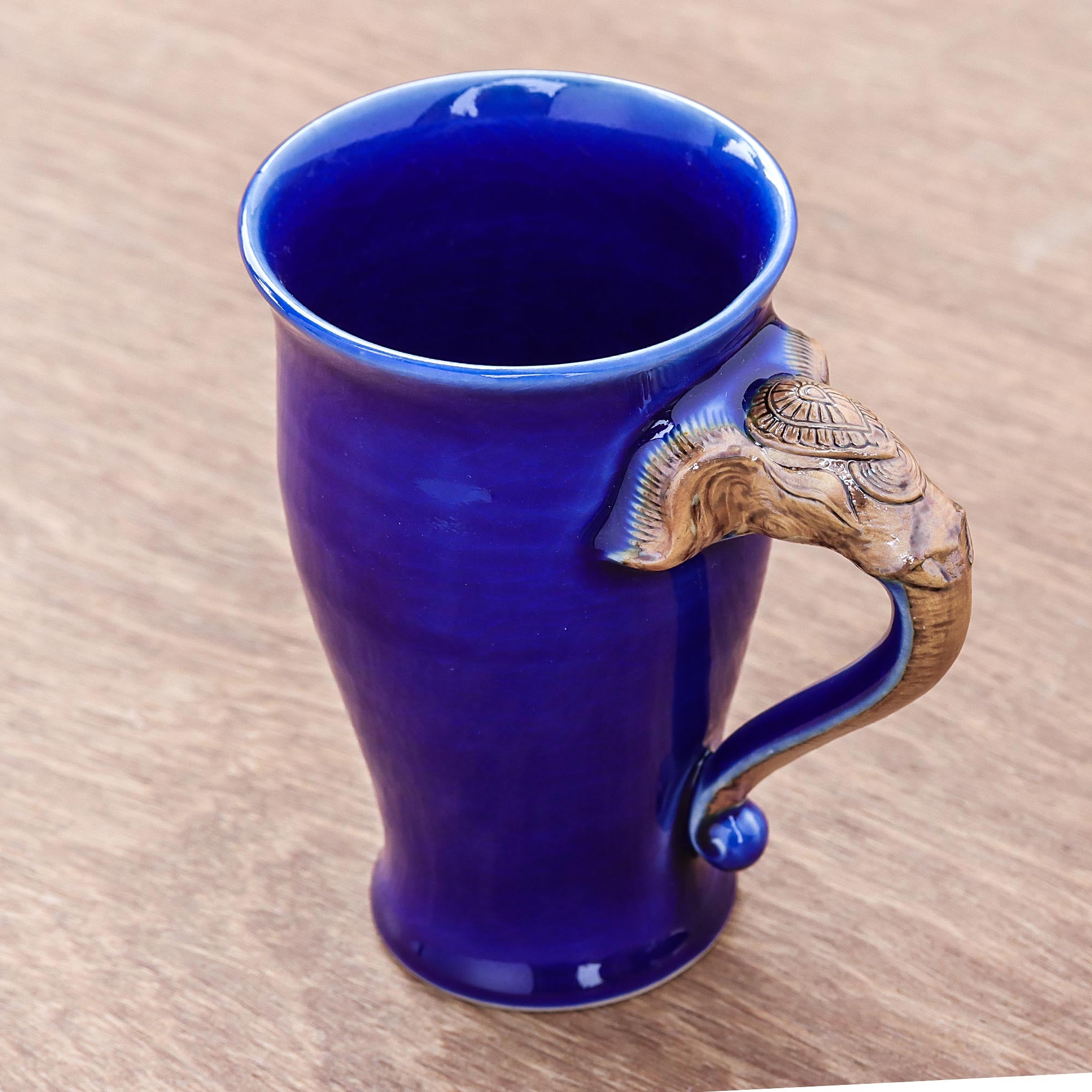 Premium Blue Thai Elephant Ceramic Mug - Handcrafted with Elephant Handle