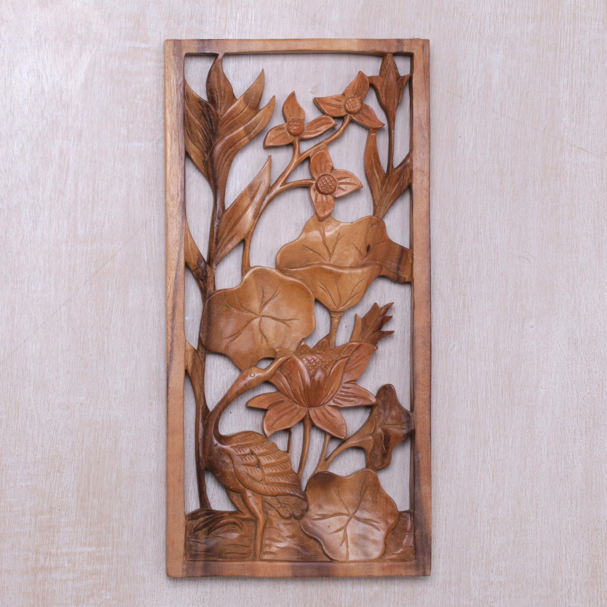 Premium Hand-Carved Heron & Lotus Wood Wall Art Panel