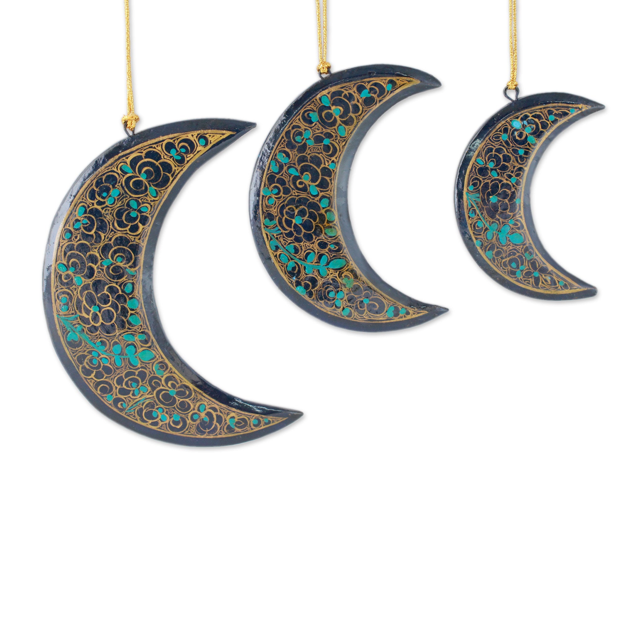 Premium Midnight Moons Fair Trade Hand-Painted Christmas Ornament Set (3-Piece)