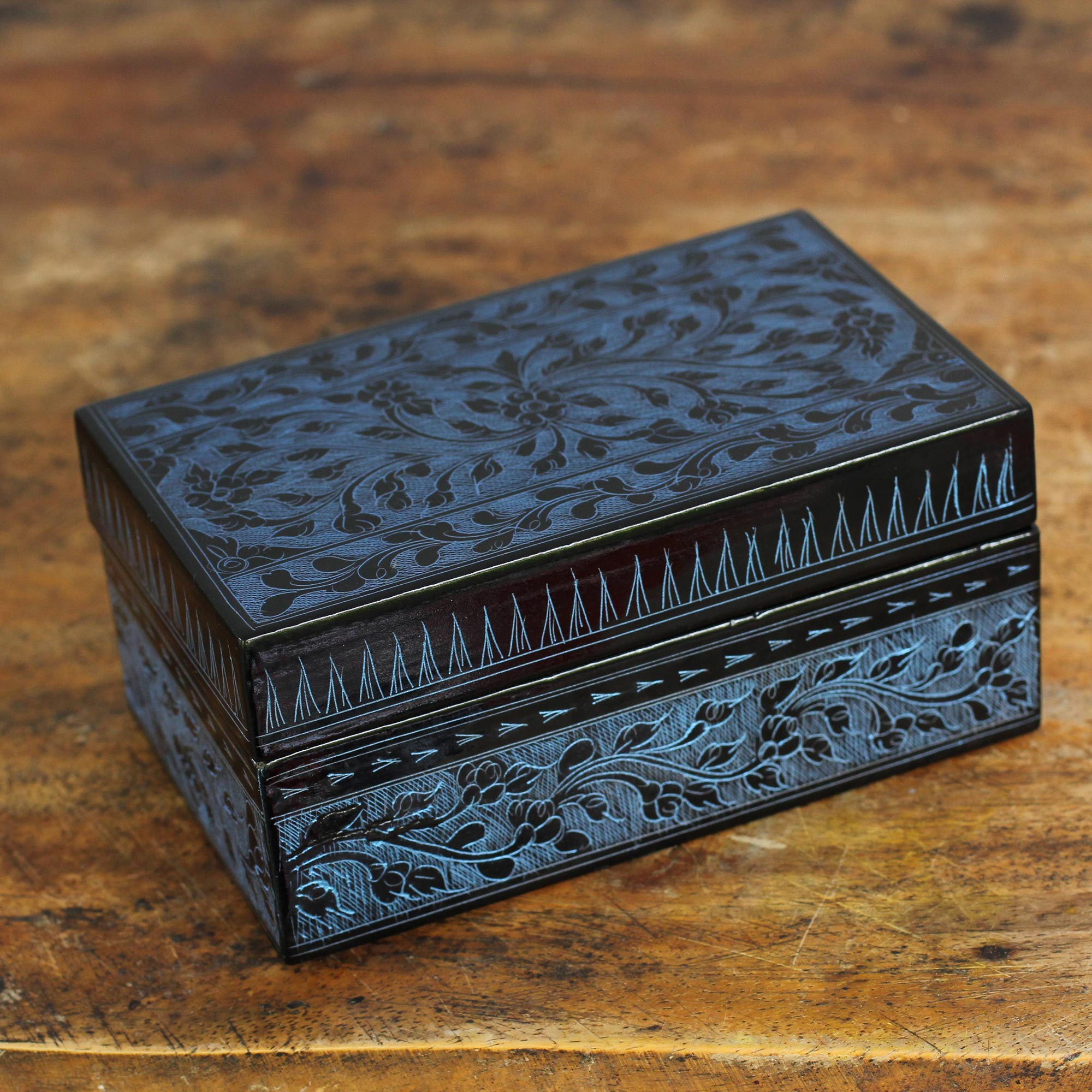 Premium Blue Thai Fantasy Floral Lacquered Wood Box – Handcrafted Elegance