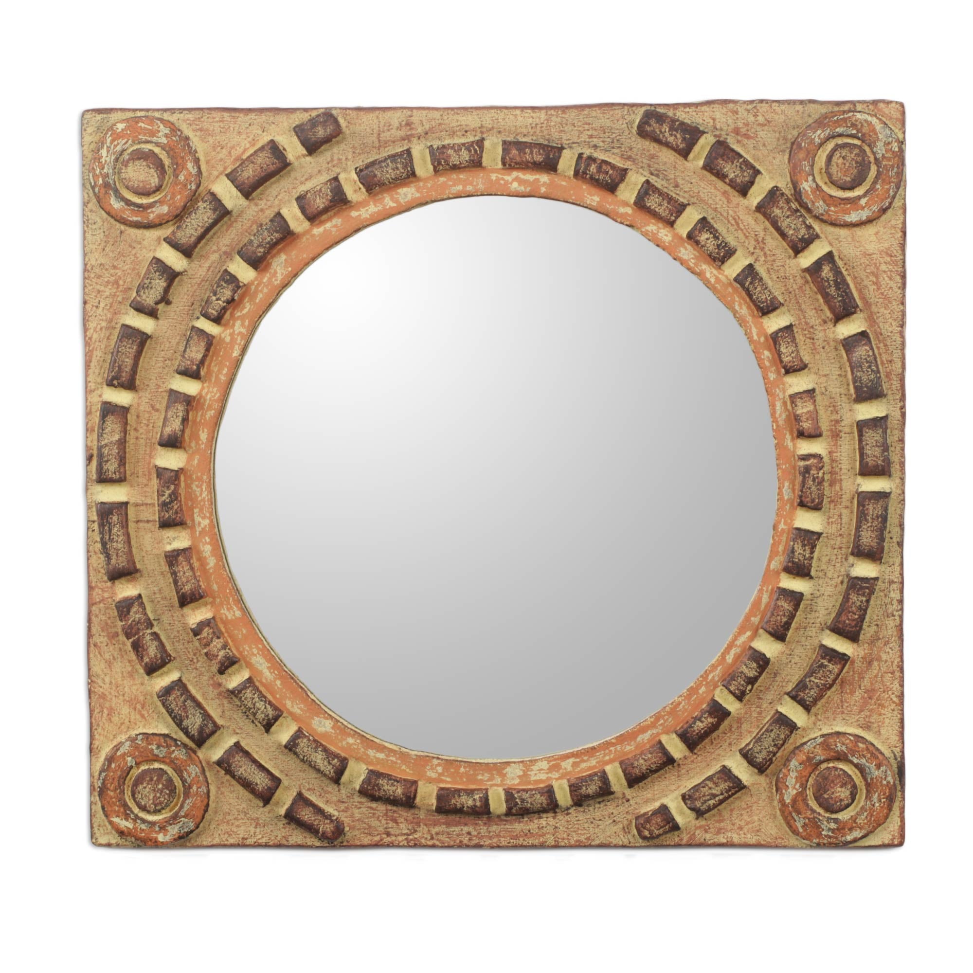 Premium African Sese Wood Wall Mirror with Rustic Bead Design
