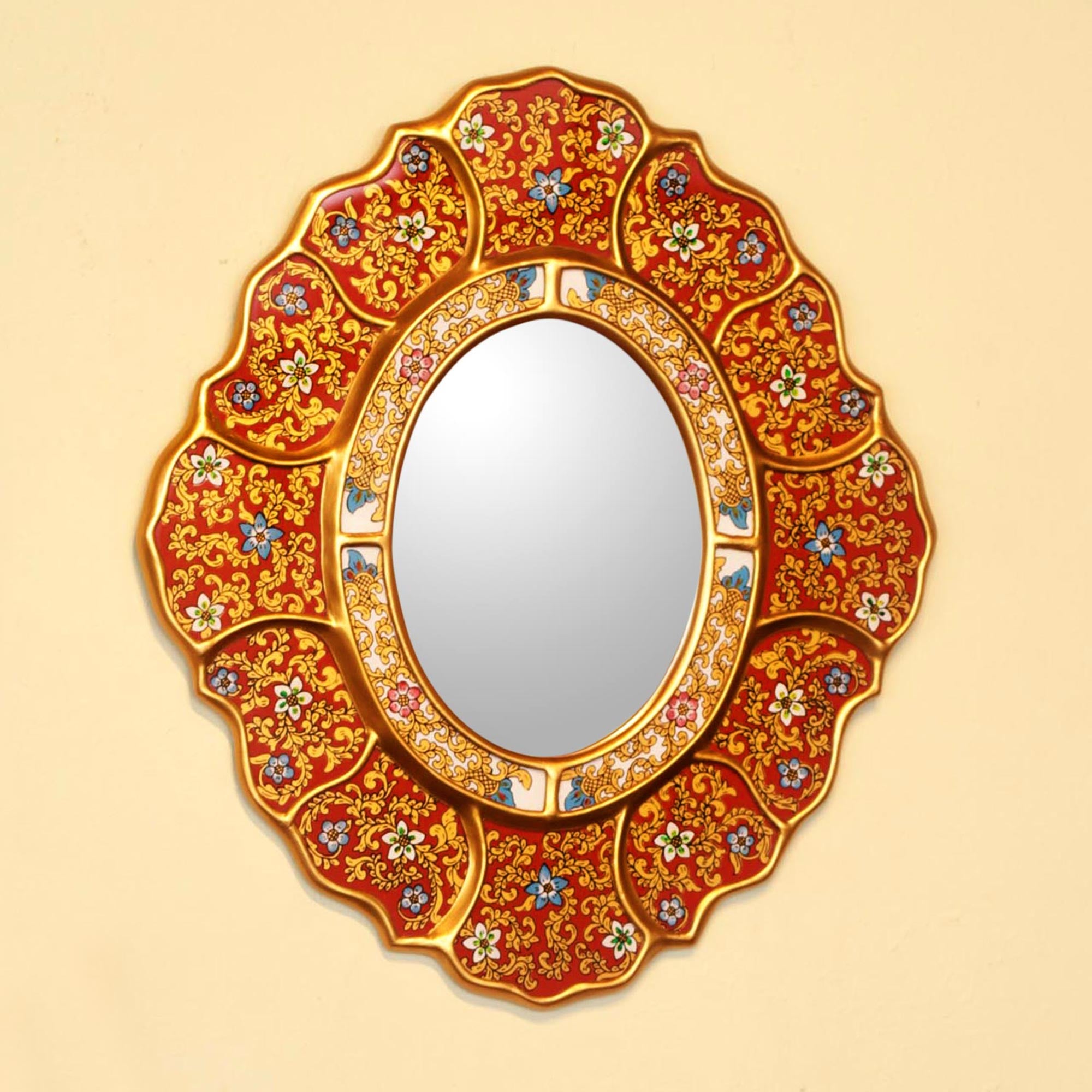 Premium Floral Crimson Reverse Painted Glass Wall Mirror - Unique Red & Gold Design