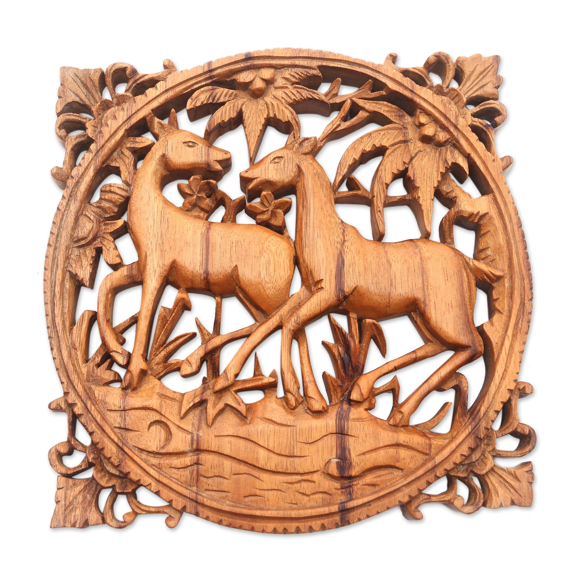 Premium Deer Romance Hand-Carved Suar Wood Relief Panel - Bali Artisan Wall Decor