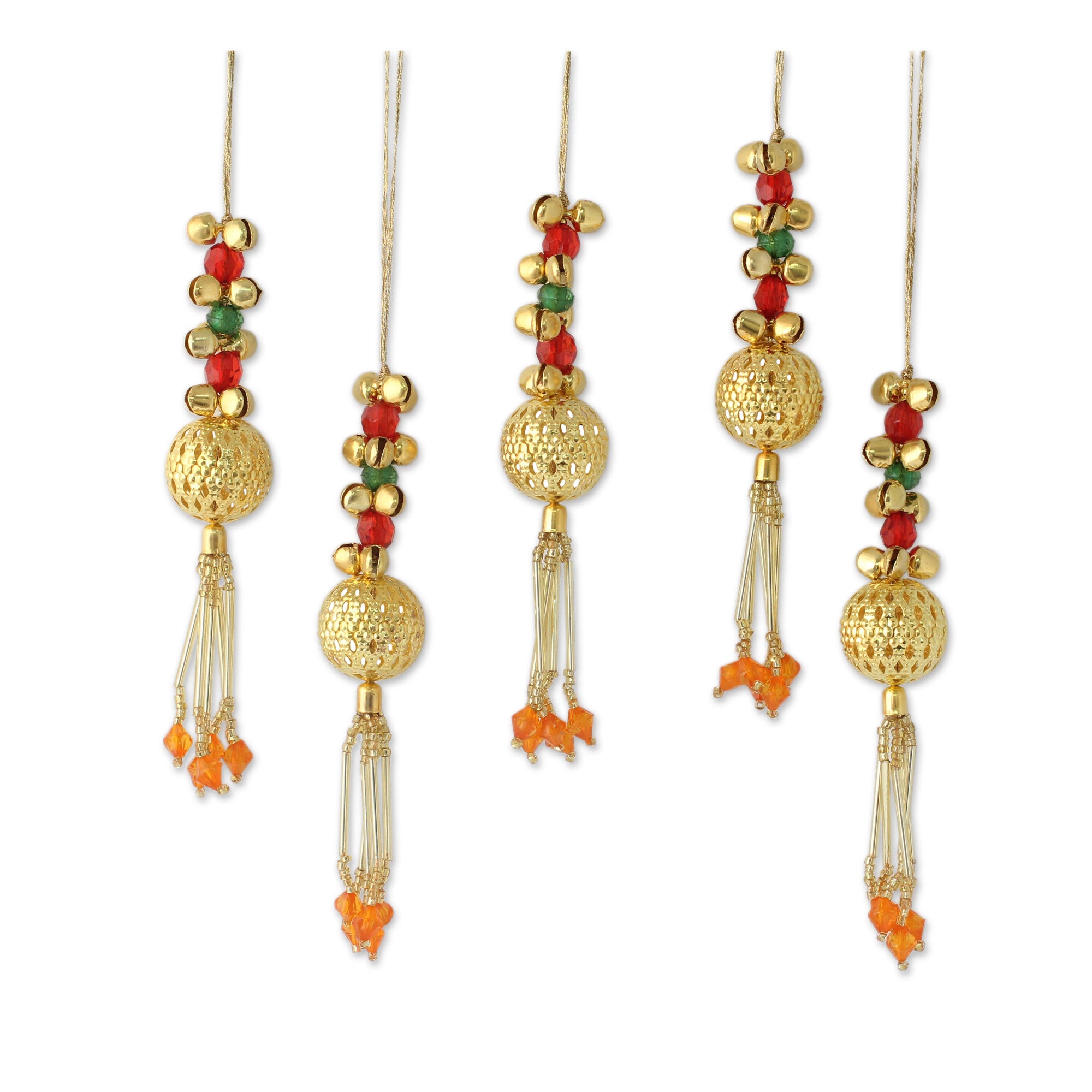 Premium Handcrafted Beaded Brass Bell Christmas Ornaments - Set of 5