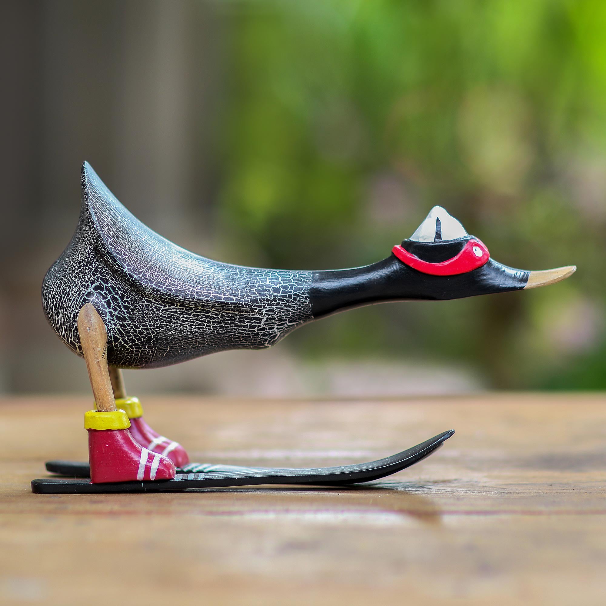 Premium Hand-Painted Skiing Duck Statuette - Downhill Duck in Black