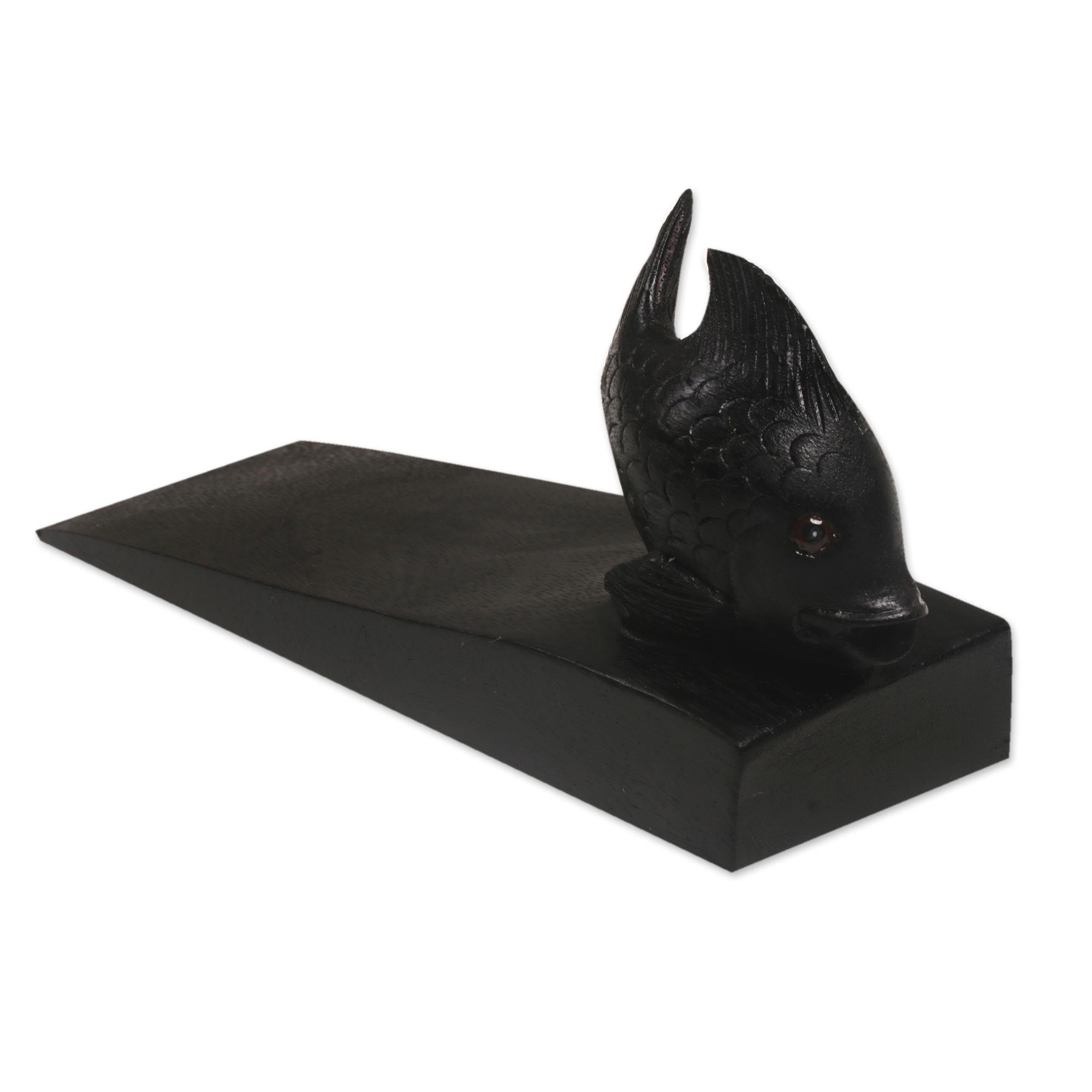 Premium Handcrafted Suar Wood Fish Doorstop - Black Balinese Design