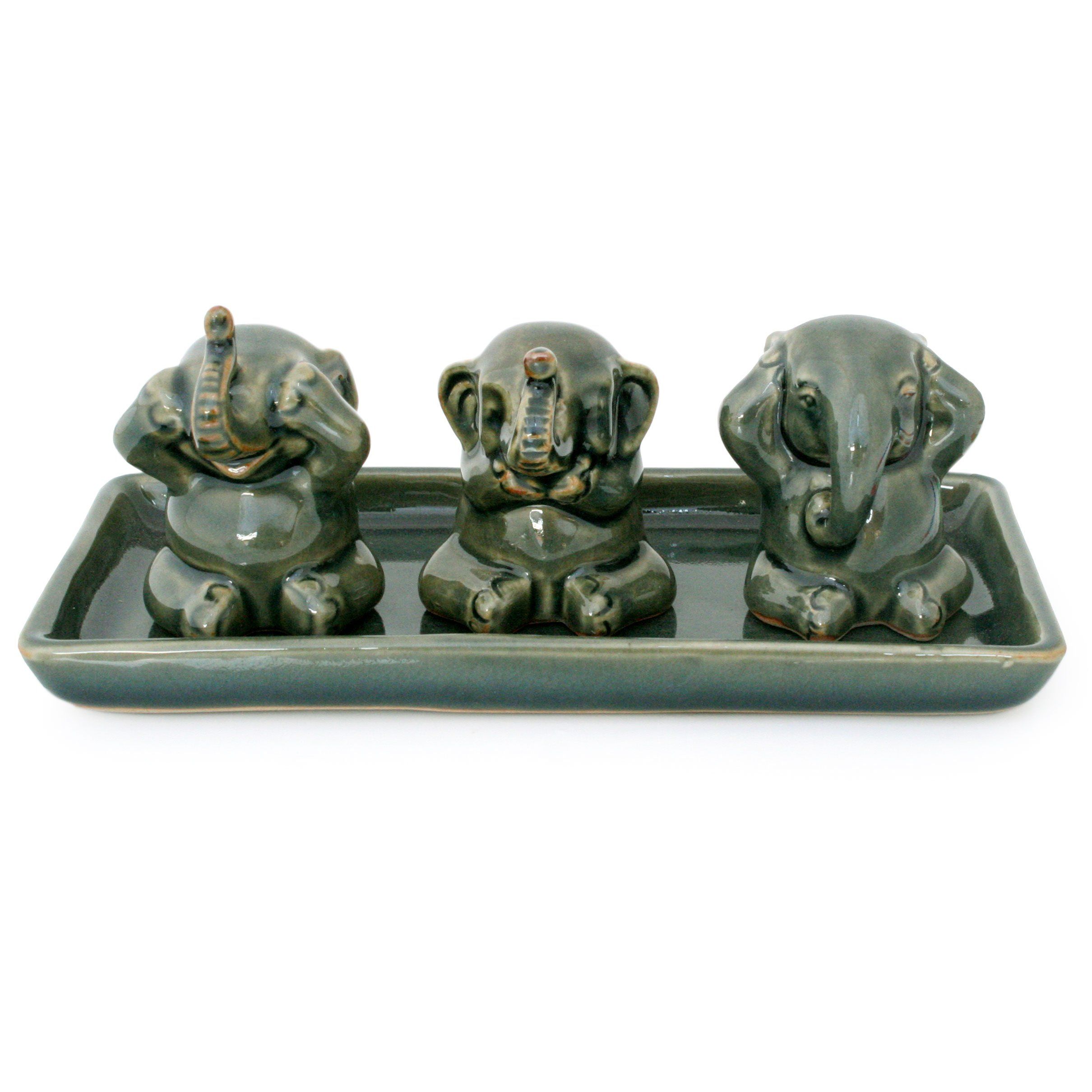 Premium Green Celadon Elephant Sculpture Set - Handcrafted Elegance
