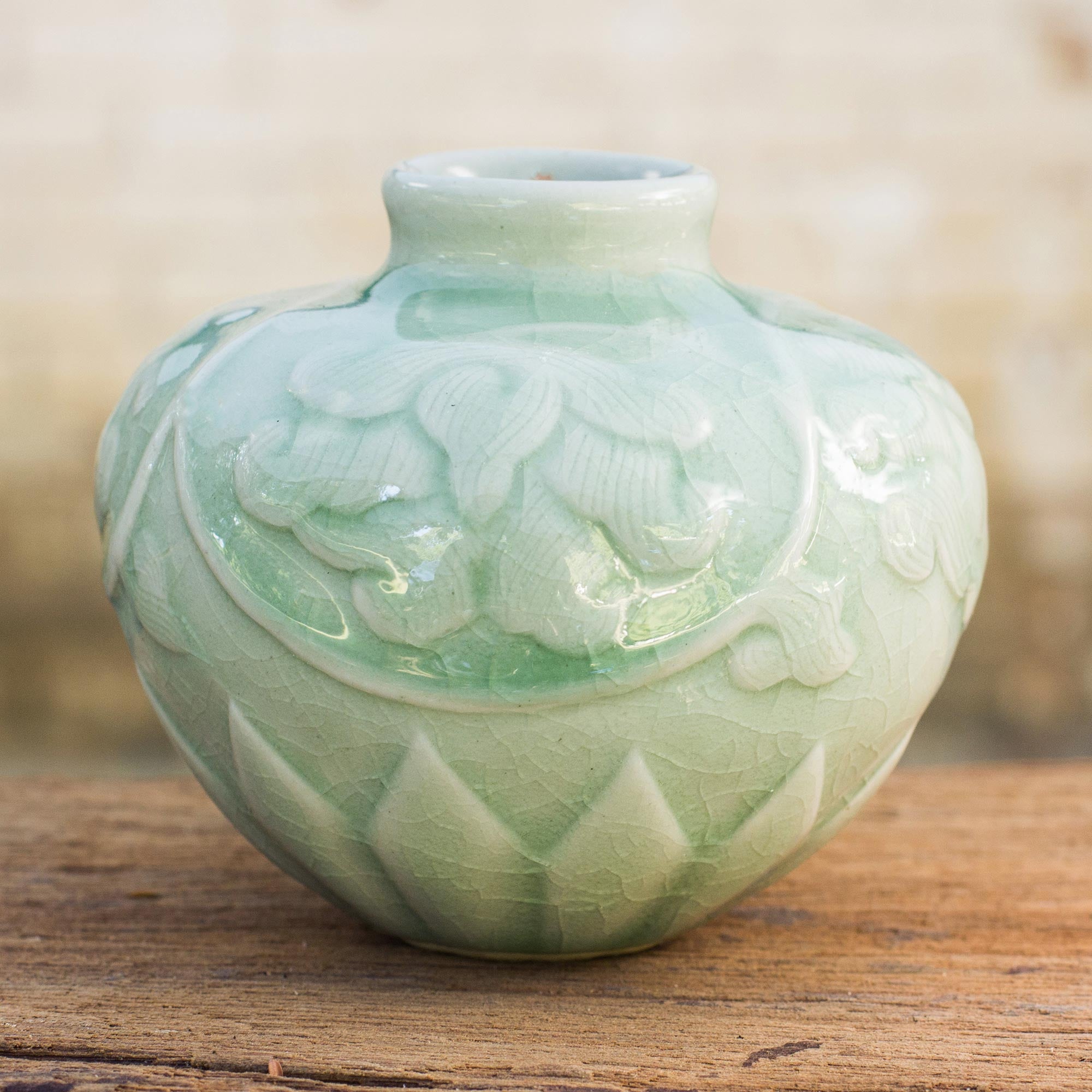 Premium Handcrafted Thai Celadon Lotus Vase – Elegant Petite Design