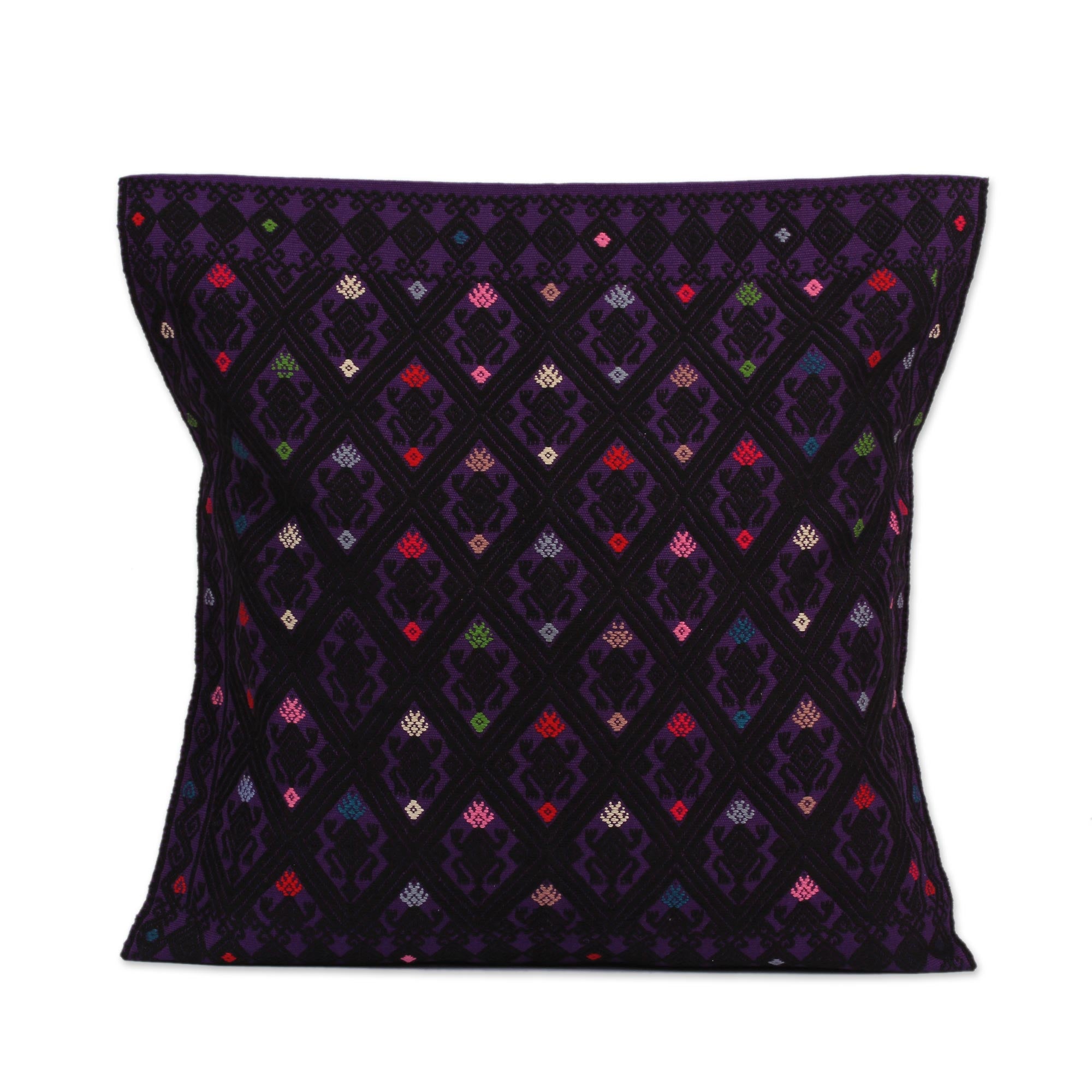 Premium Handwoven Geometric Cotton Cushion Cover - Purple & Black | Artisan Crafted from Mexico