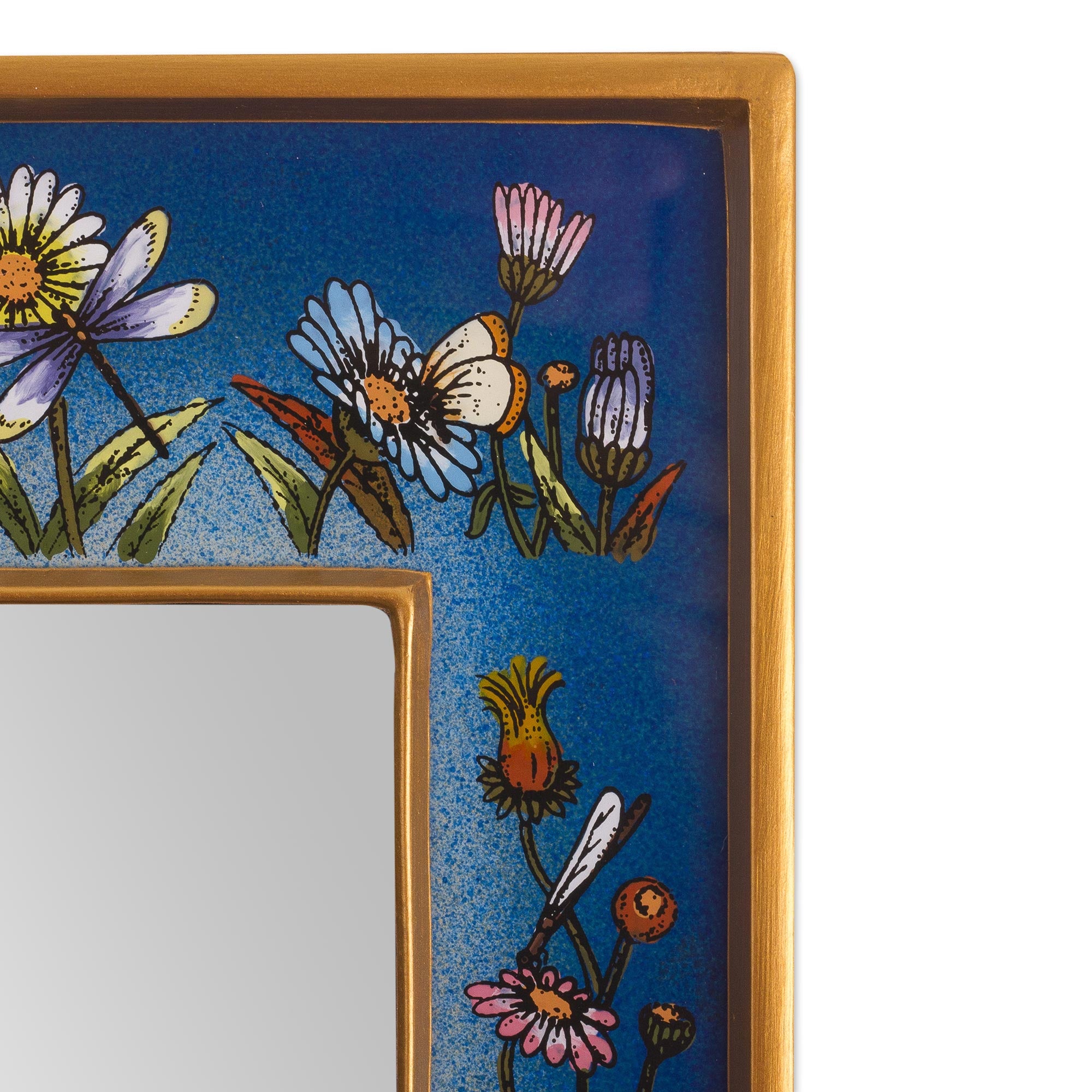 Premium Hand-Painted Floral Wall Mirror - Blue Fields Design
