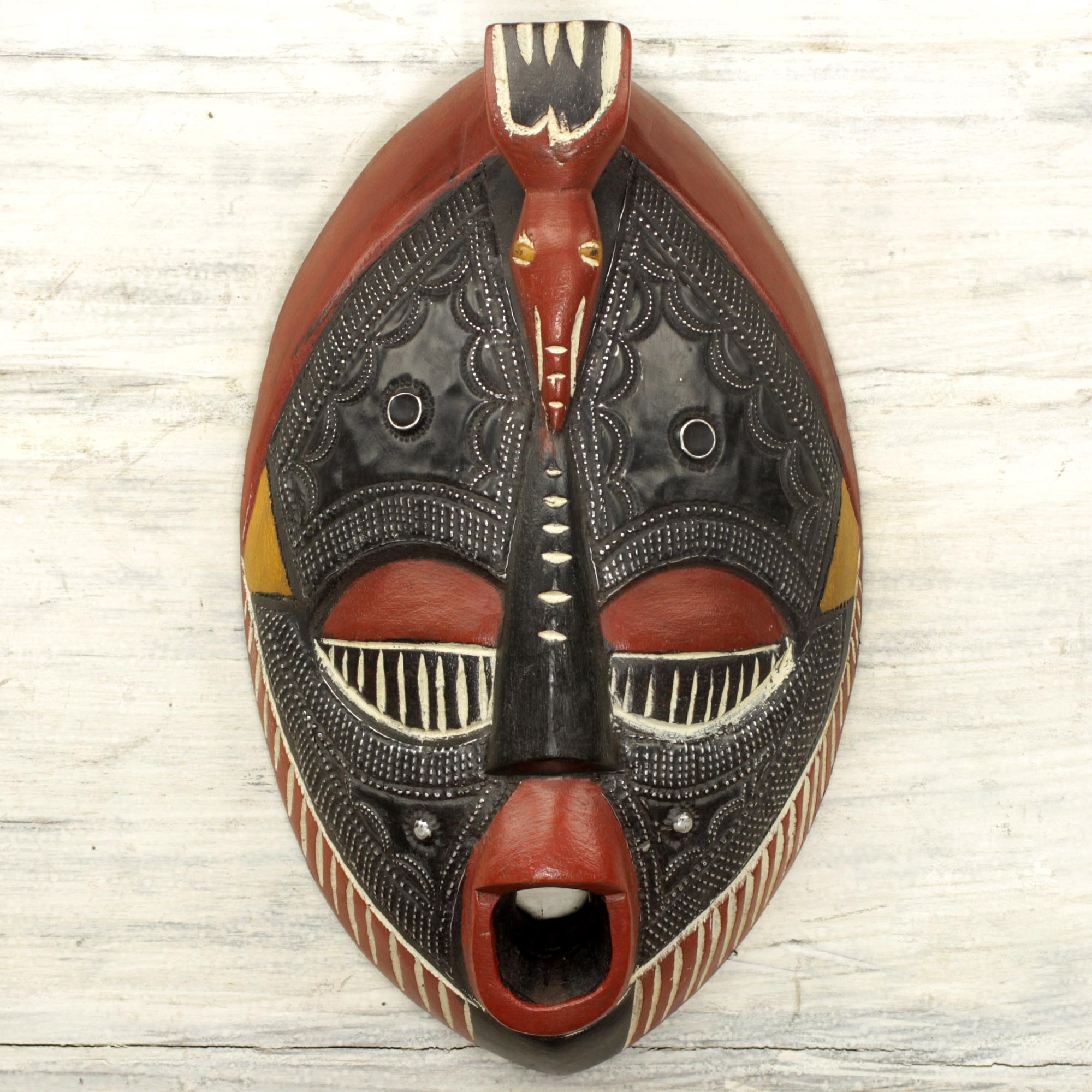Premium African Carved Town Crier Mask - Sese Wood & Aluminum Wall Decor