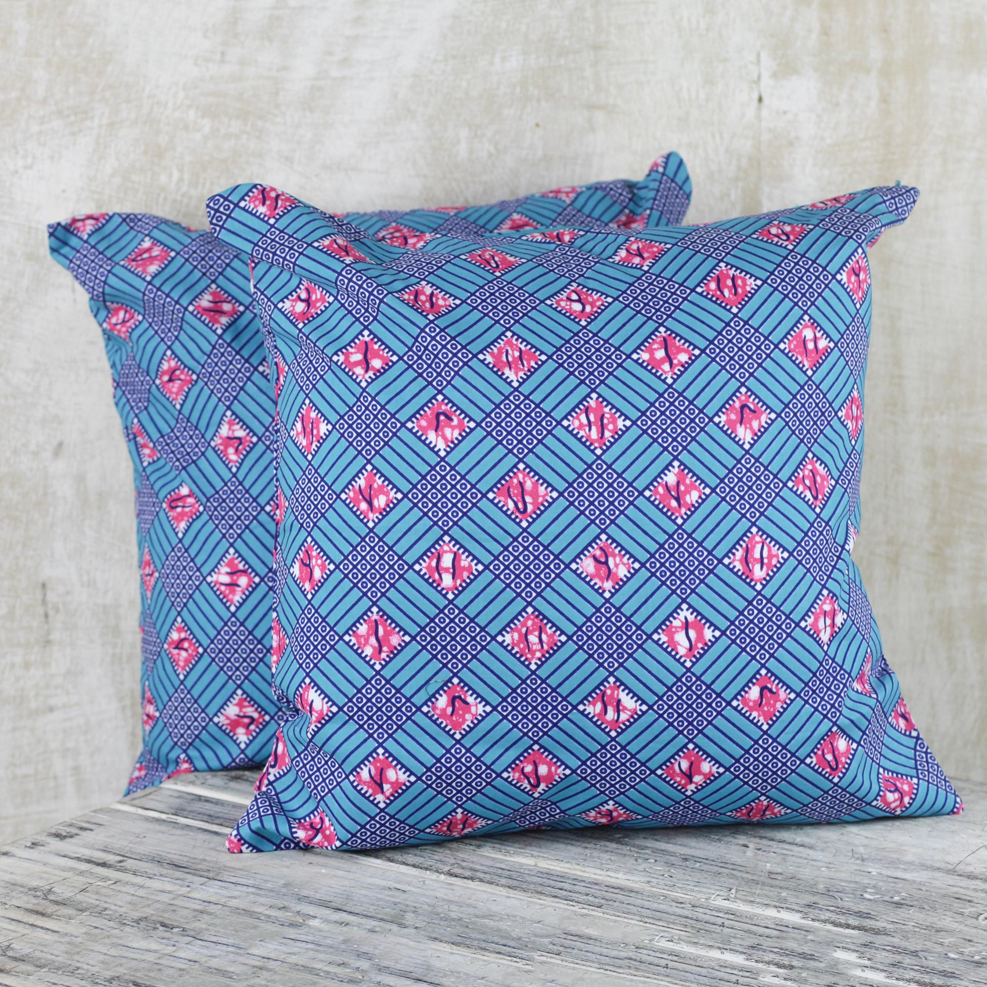 Premium Cotton Weave Cushion Covers - Handcrafted Pink & Blue Design