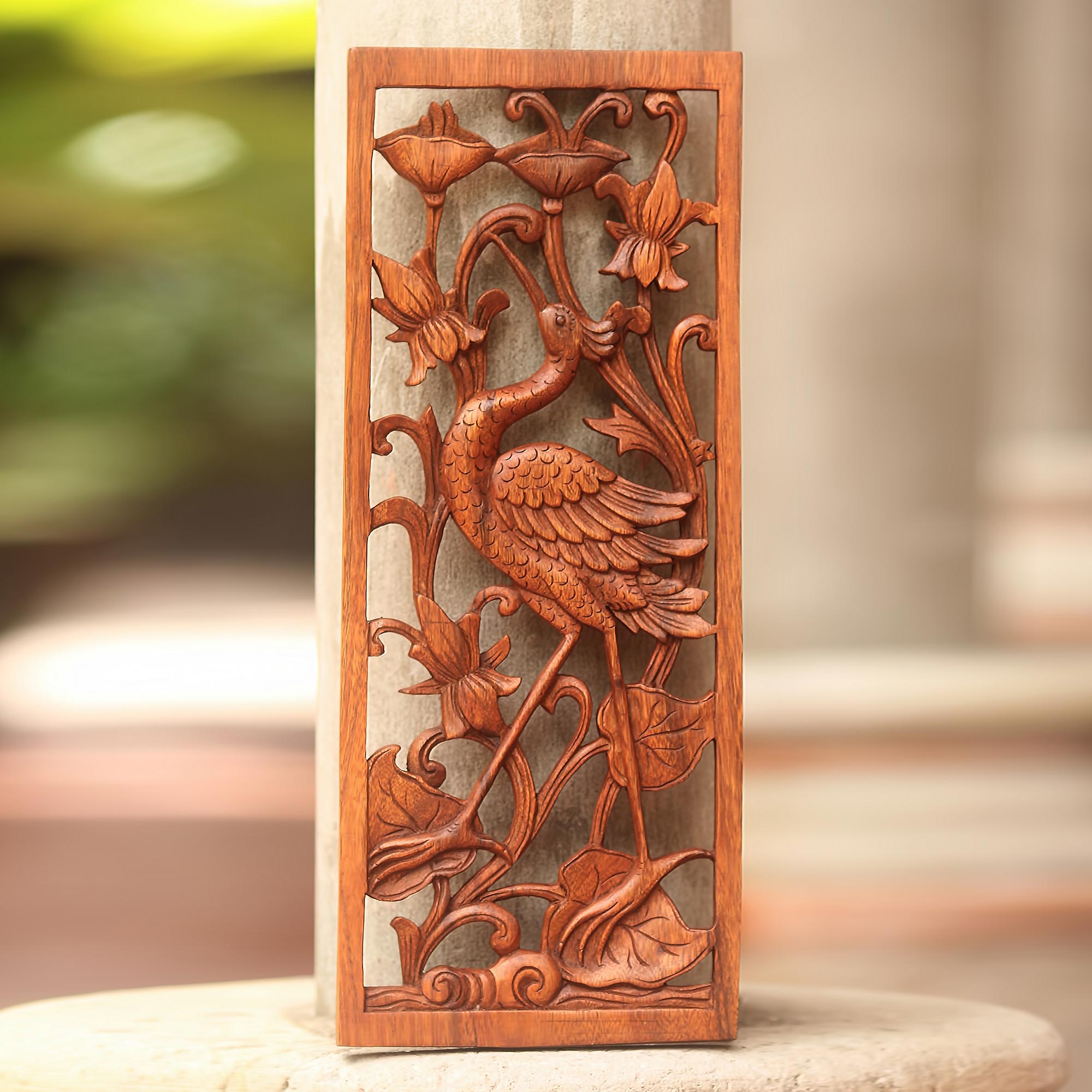 Premium Hand-Carved Lotus & Crane Suar Wood Relief Panel - Bali Artisan Signed