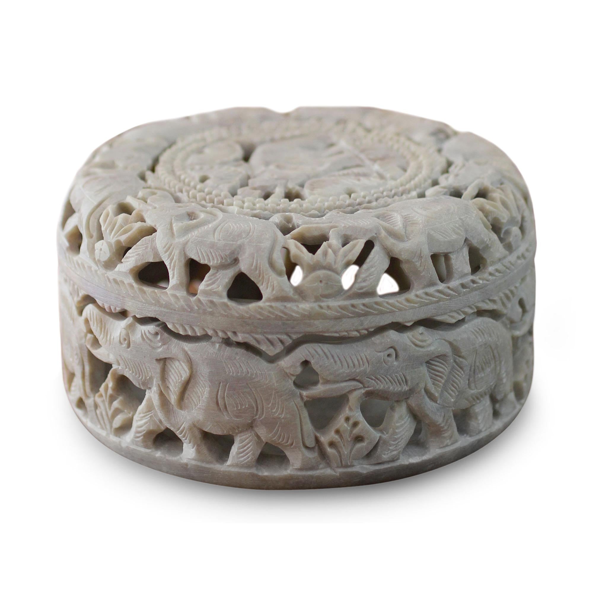 Premium Elephant Procession Soapstone Jewelry Box - Handcrafted Artisan Design