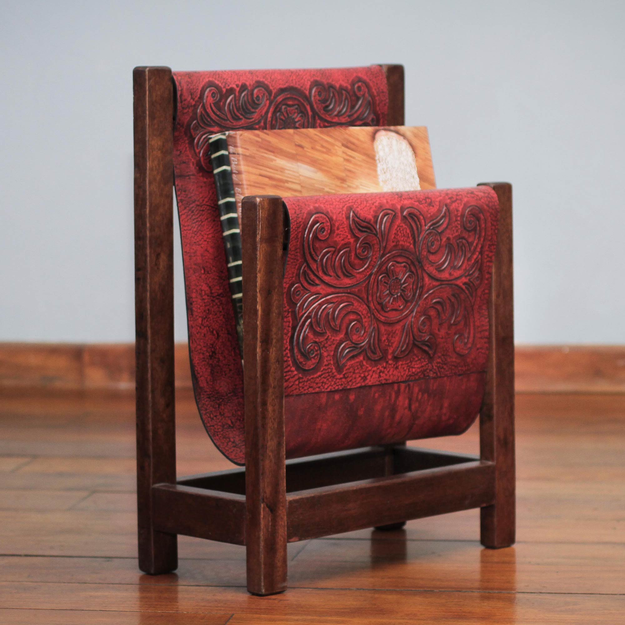 Premium Handcrafted Red Leather & Cedar Wood Magazine Rack - Historic Elegance