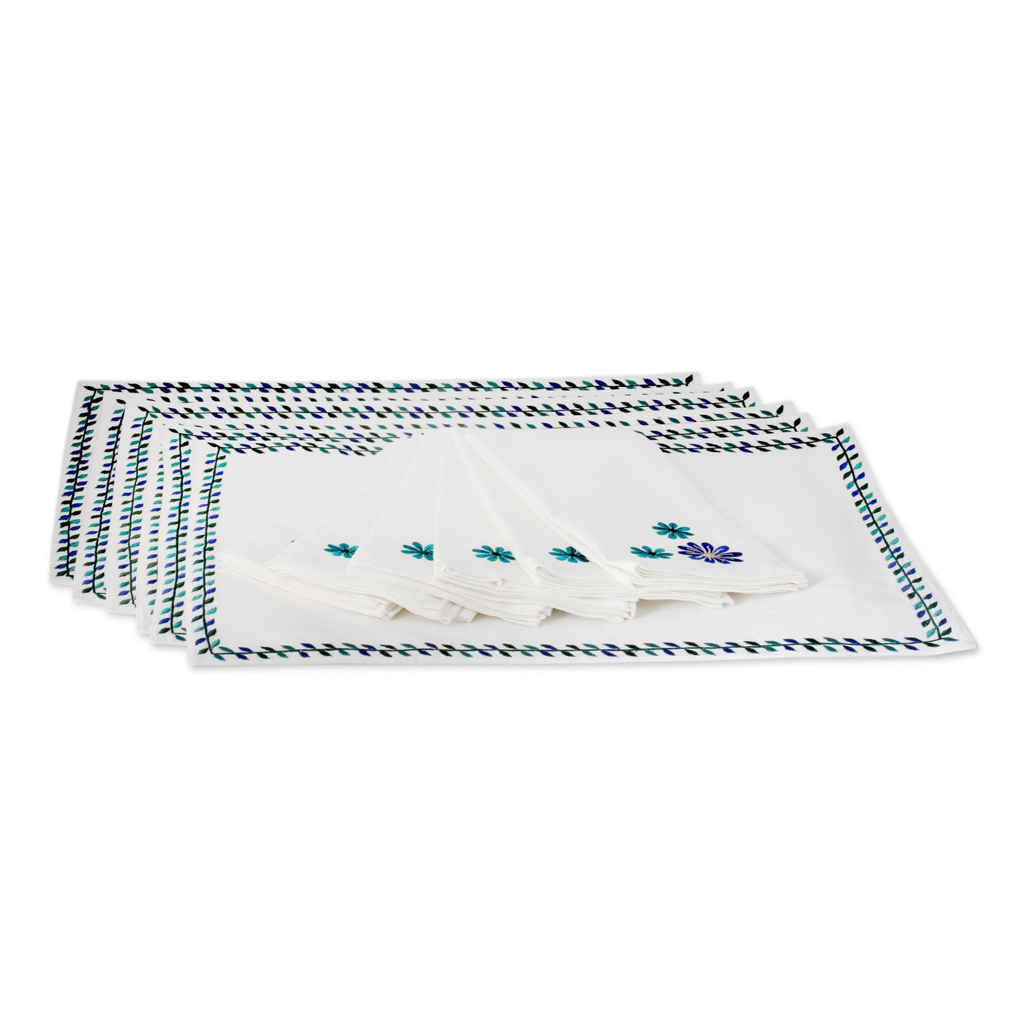 Premium Morning Blossoms Embroidered Cotton Table Set (6 Placemats & Napkins)