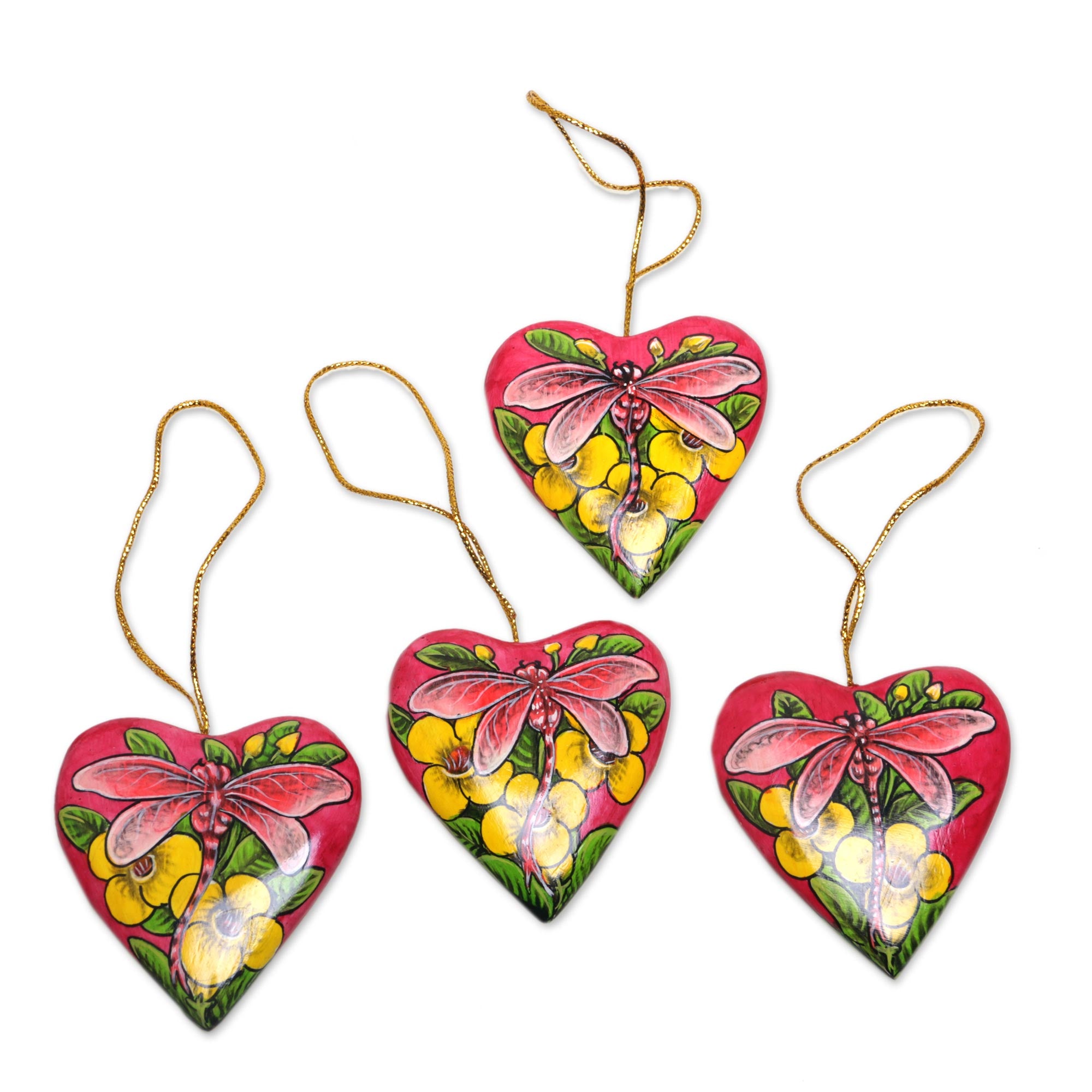Premium Hand-Painted Balinese Heart Ornaments with Dragonflies - Set of 4