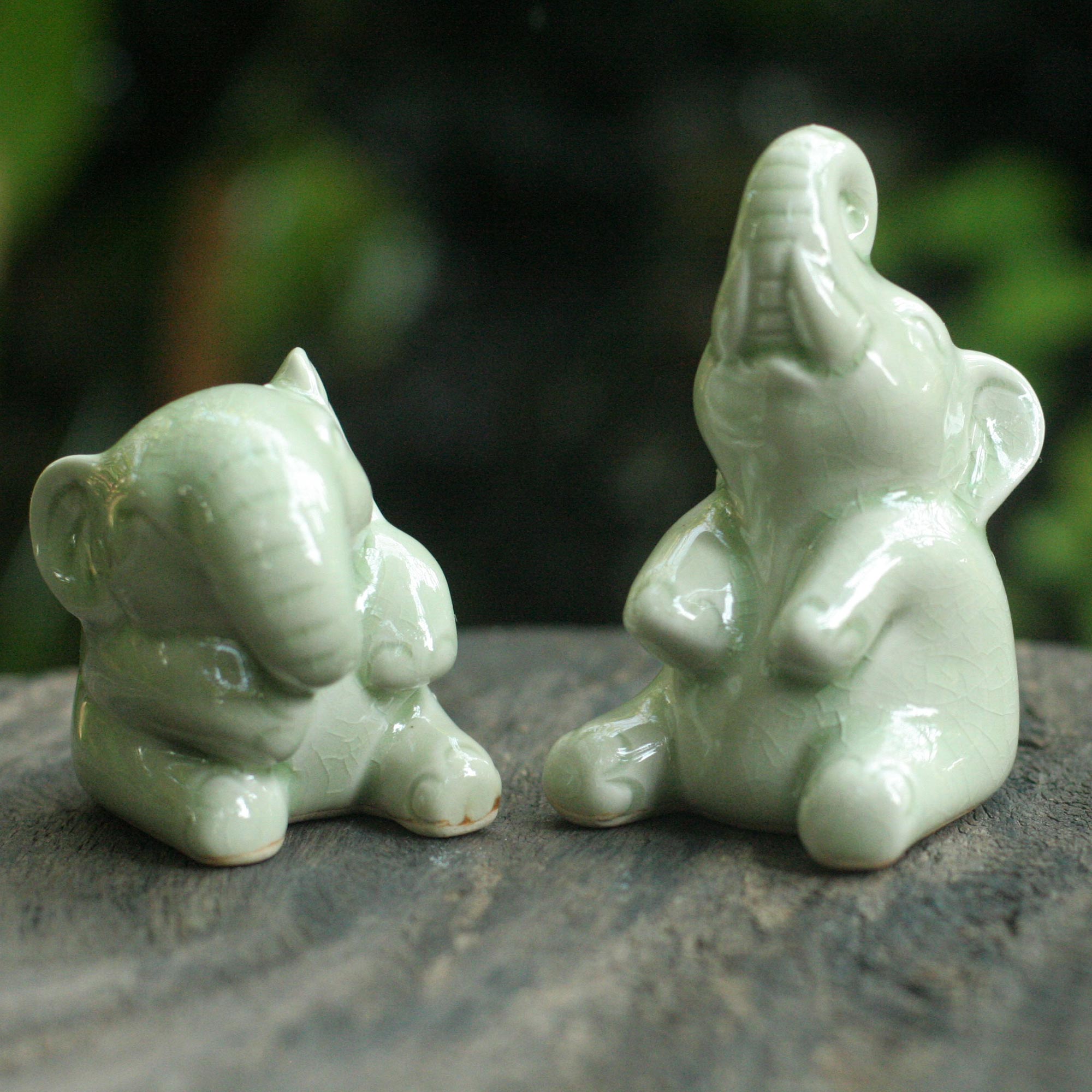 Premium Handmade Celadon Green Elephant Sculptures - Laughing Pachyderm Pair