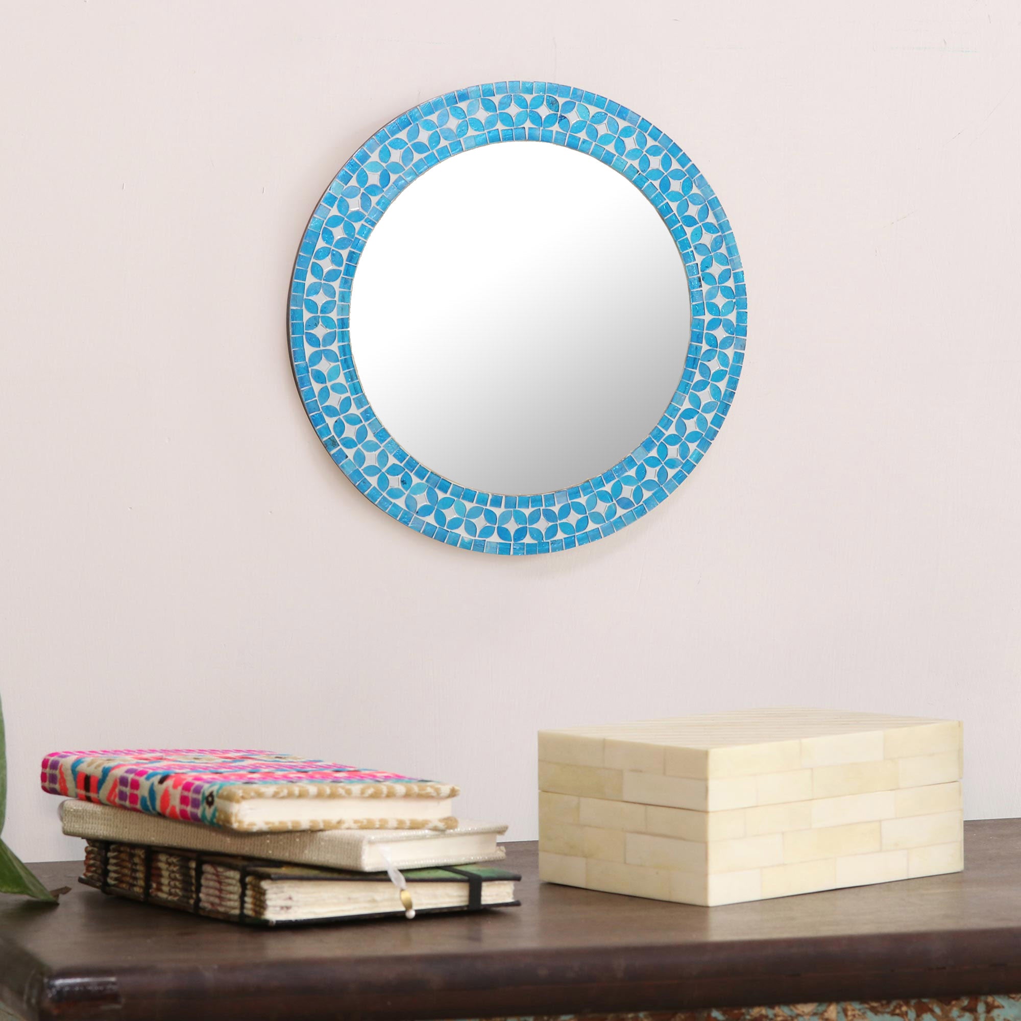 Premium Turquoise Blossom Mosaic Mirror - Handcrafted Floral Design