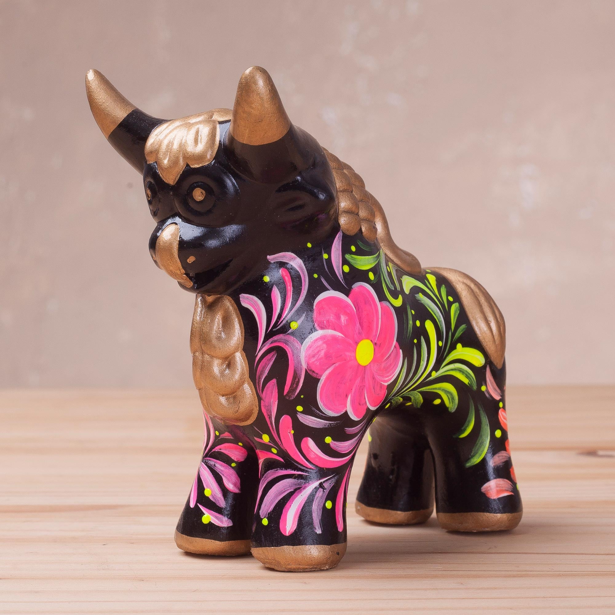 Premium Black Ceramic Pucara Bull Sculpture - Handcrafted Floral Design from Peru