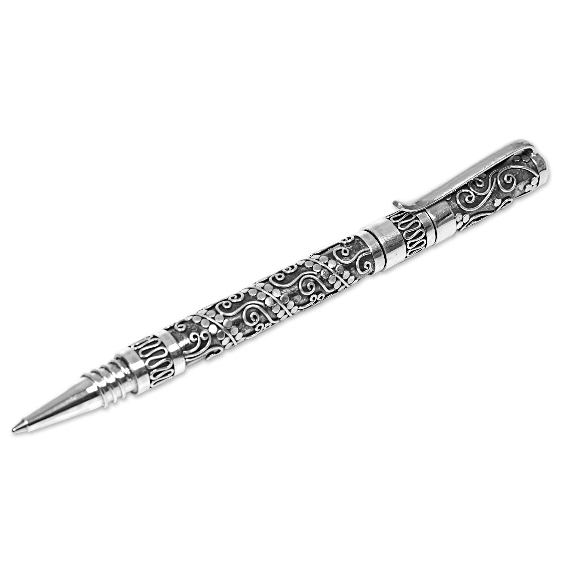 Premium Balinese Swirls Sterling Silver Ballpoint Pen - Handcrafted in Indonesia