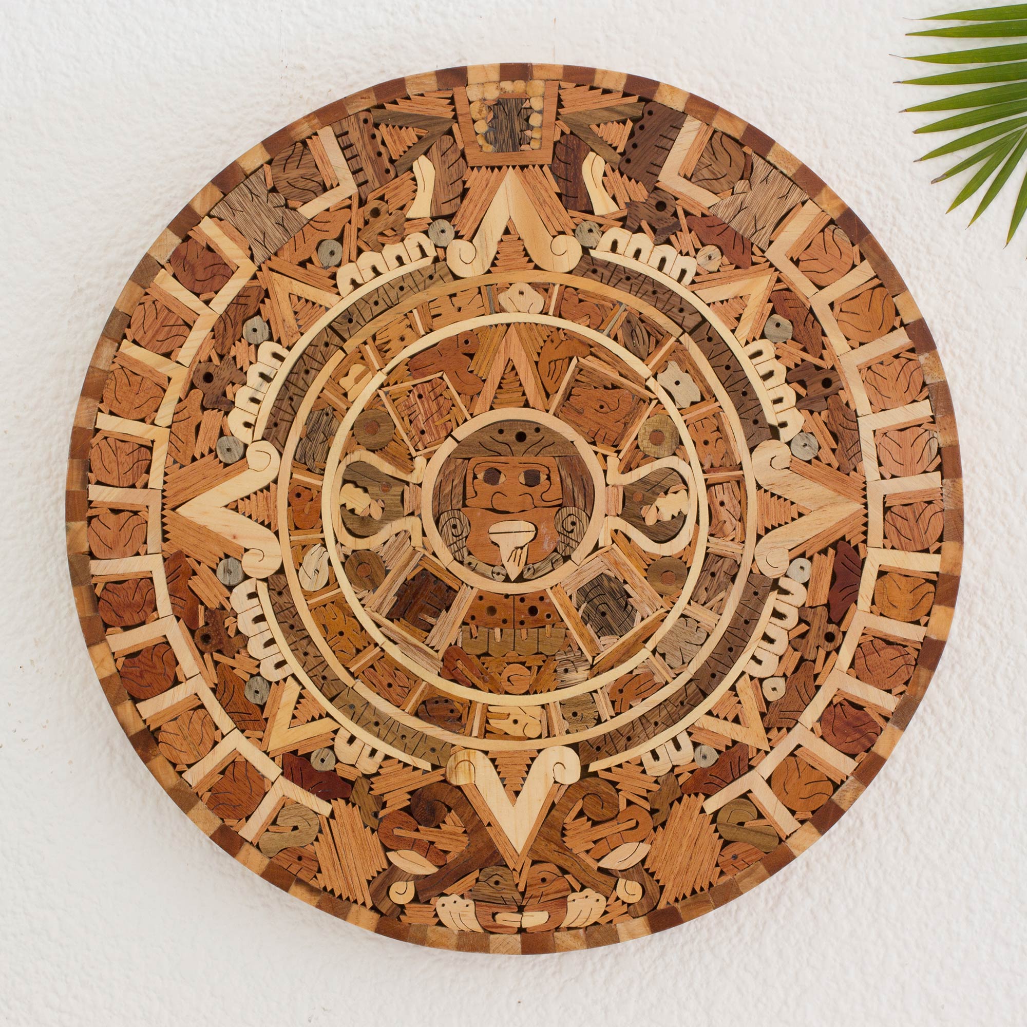 Premium Handcrafted Aztec Sun Stone Wood Calendar - Central American Art