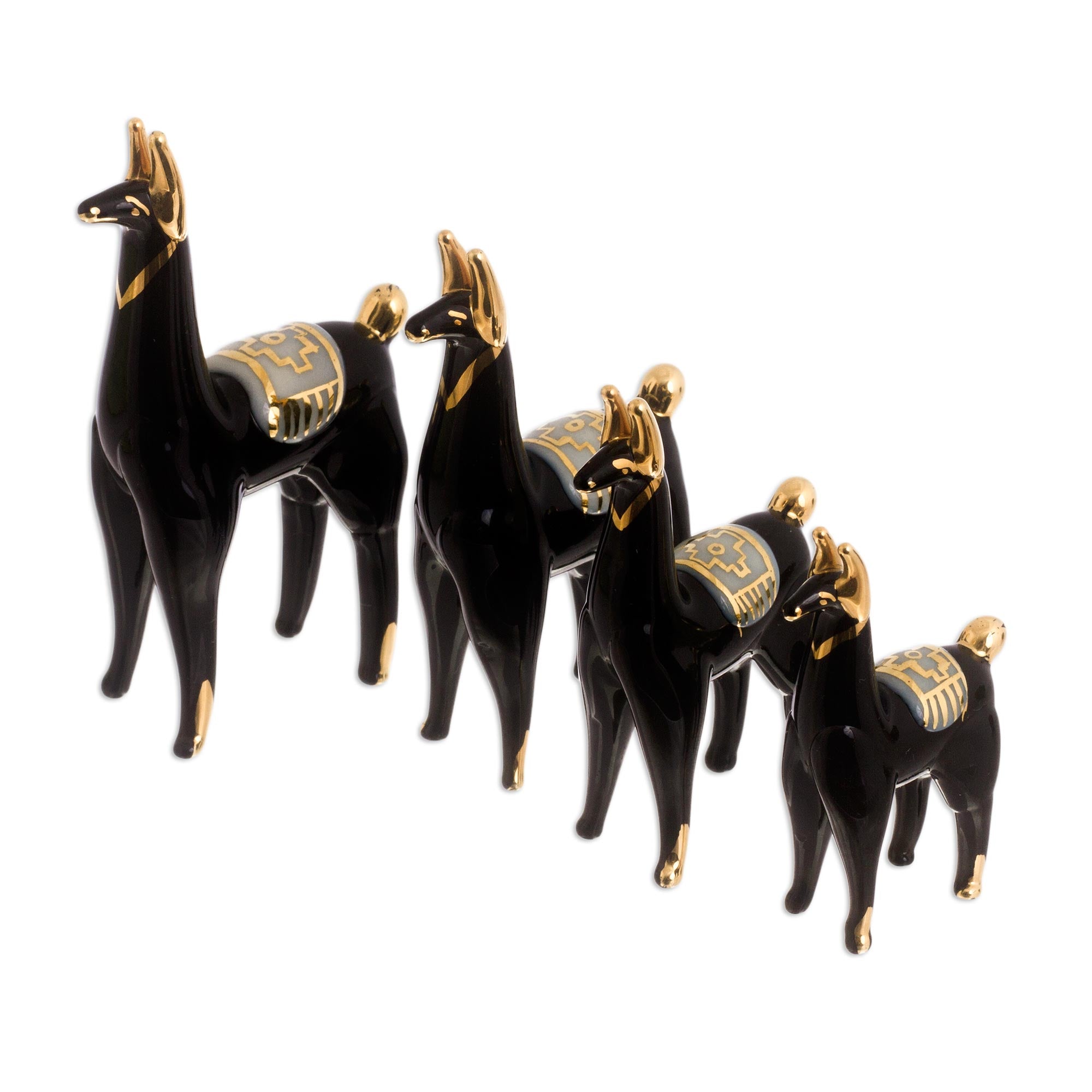 Premium Black Glass Llama Figurines Set of 4 with Gilded Accents - Handcrafted Andes Collection
