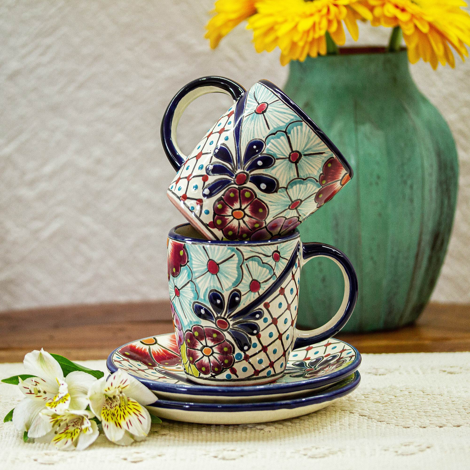 Premium Talavera-Style Cups and Saucers: Handcrafted Mexican Artistry (Pair)
