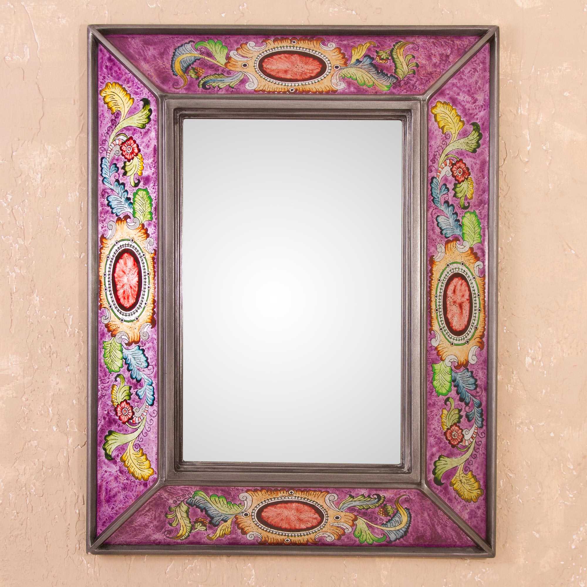 Premium Floral Medallions Reverse-Painted Glass Wall Mirror – Handcrafted in Peru