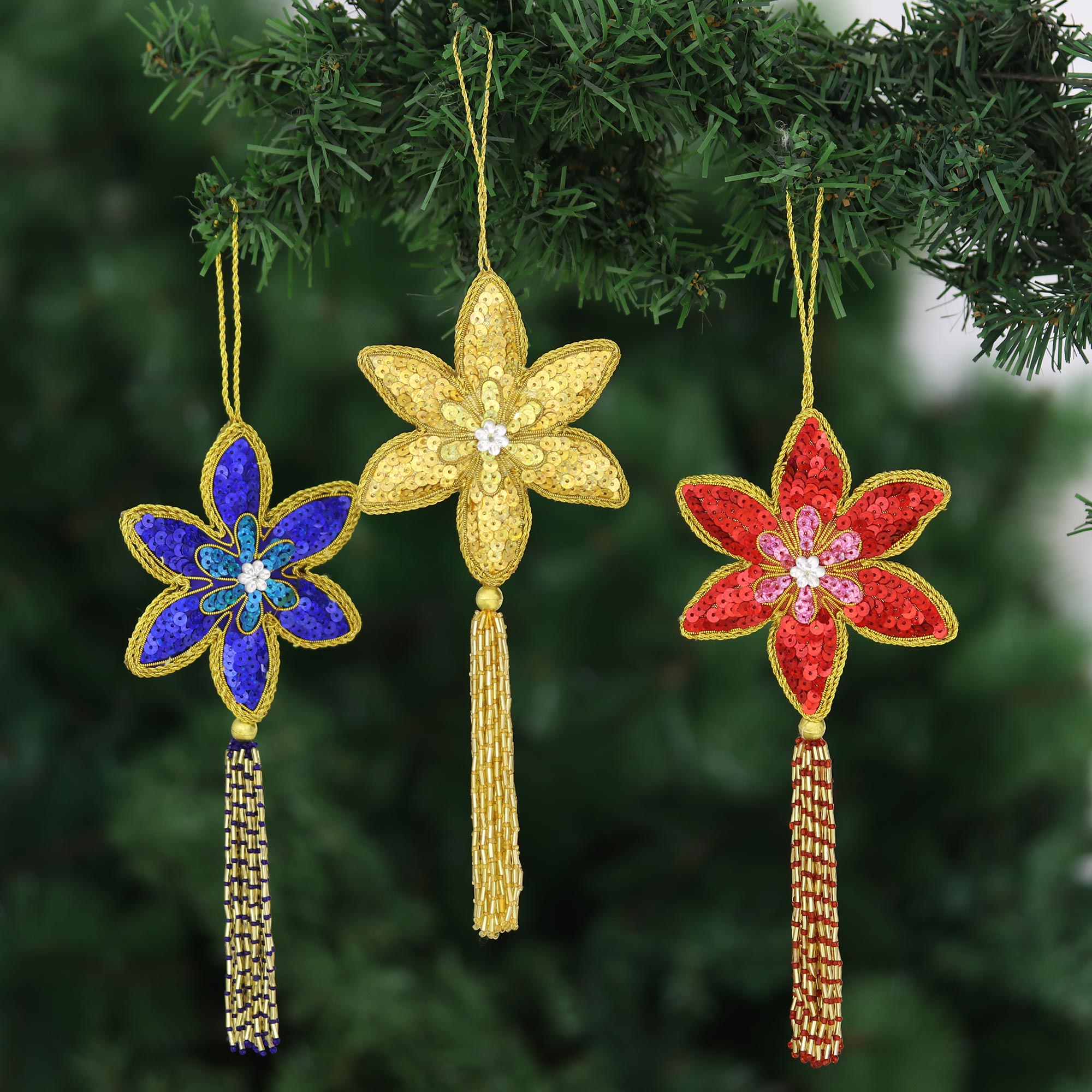 Premium Handmade Poinsettia Christmas Ornaments Set - Sparkling Sequin & Beaded Design (Pack of 3)