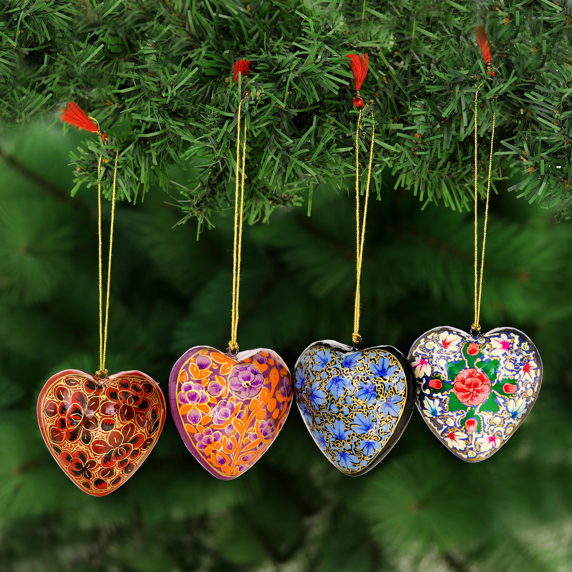 Premium Handcrafted Bouquet of Hearts: 4 Artisan Papier Mache Ornaments with Floral Designs