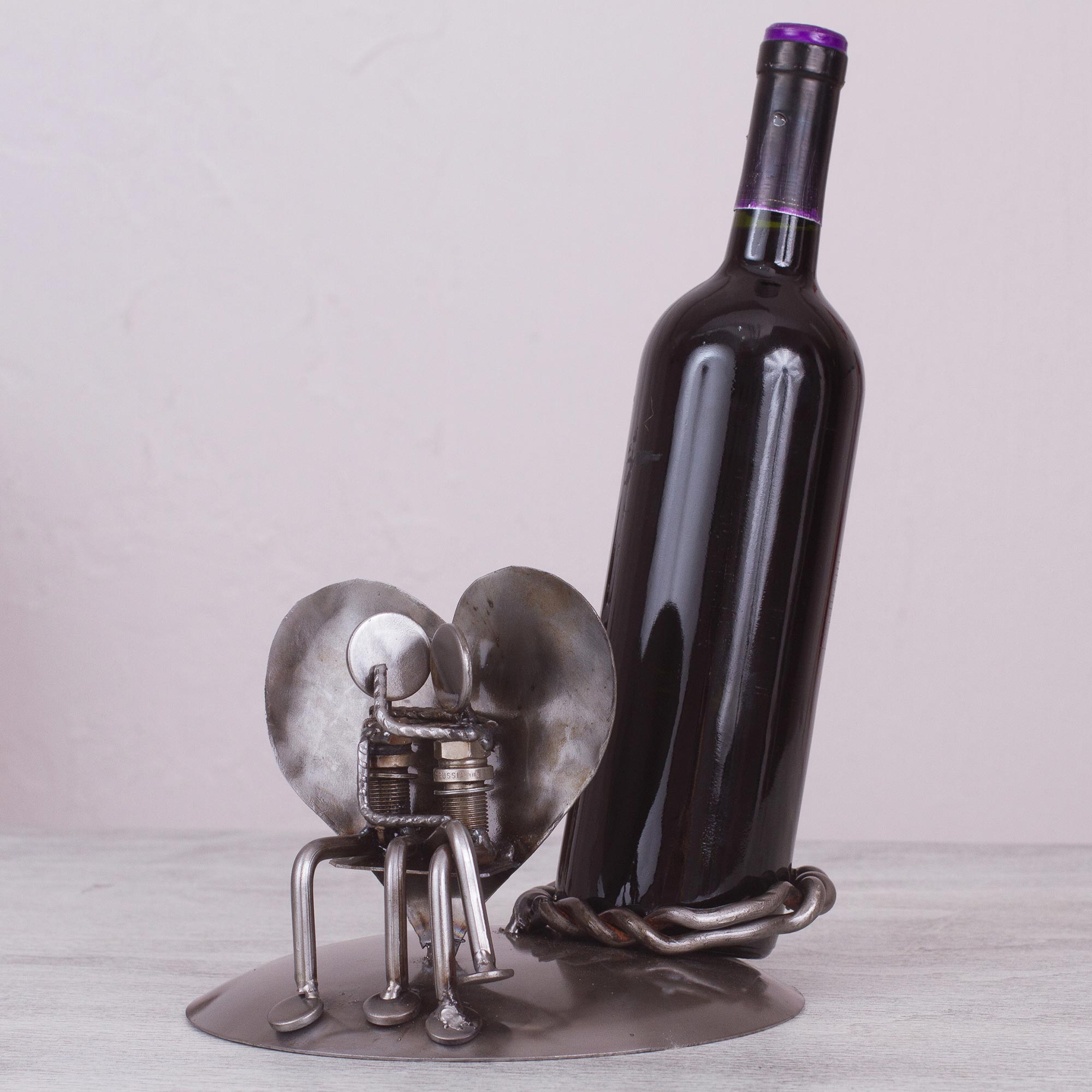 Premium Rustic Romance Wine Bottle Holder - Handcrafted Recycled Metal Sculpture from Mexico