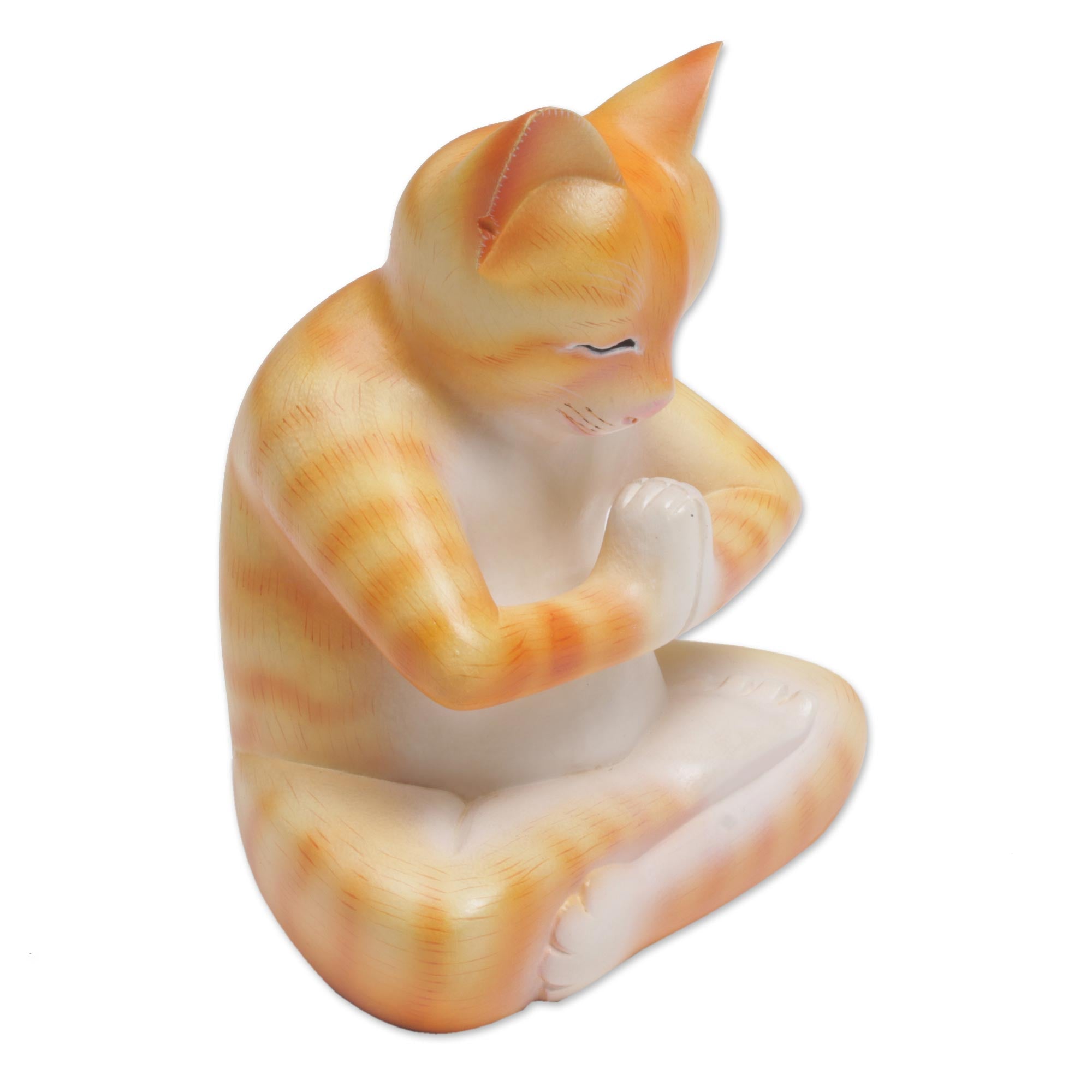 Premium Meditating Kitty Statue - Hand-Carved Suar Wood Cat Sculpture in Orange & White