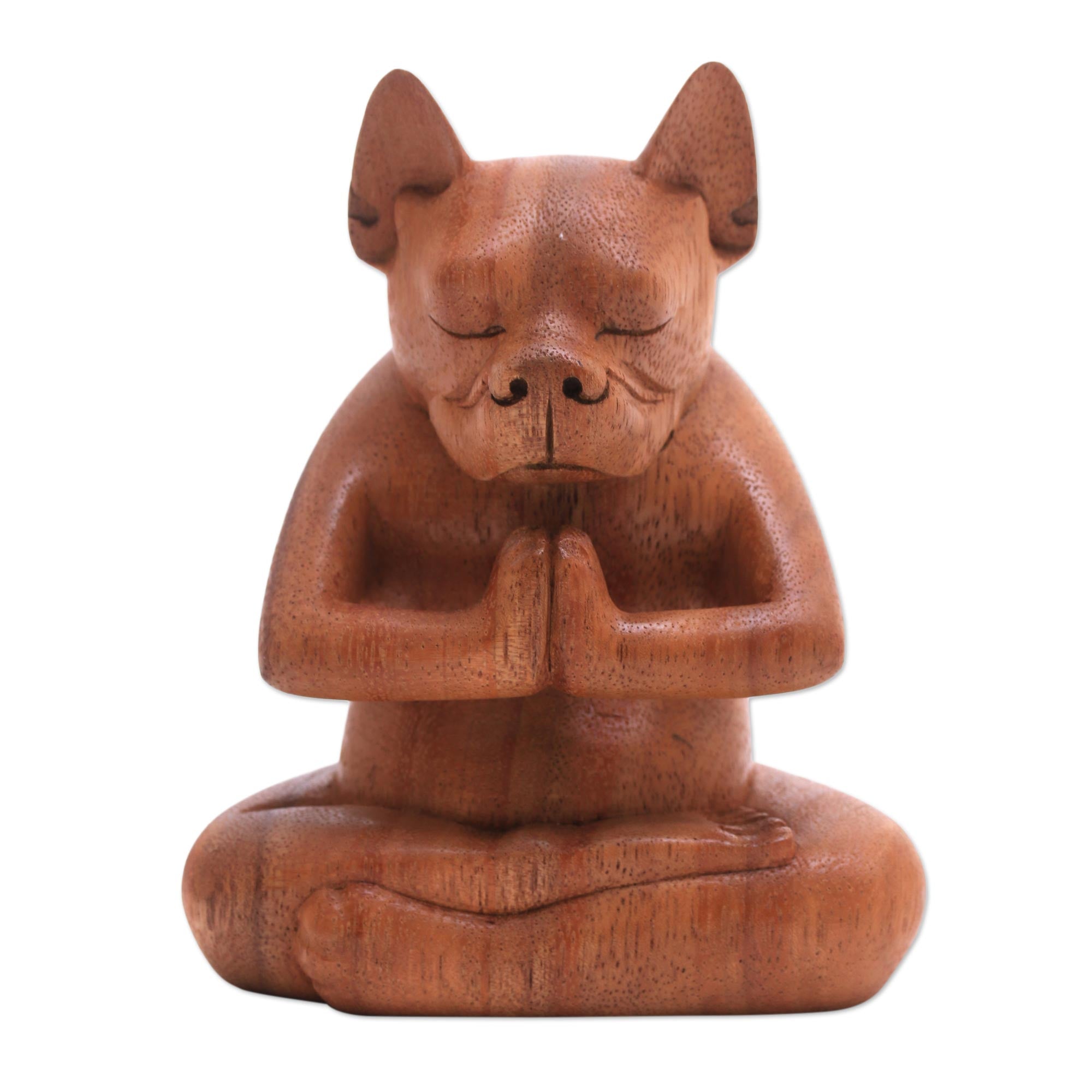 Premium Brown Boston Terrier Yoga Statuette – Handmade Wood Meditation Sculpture