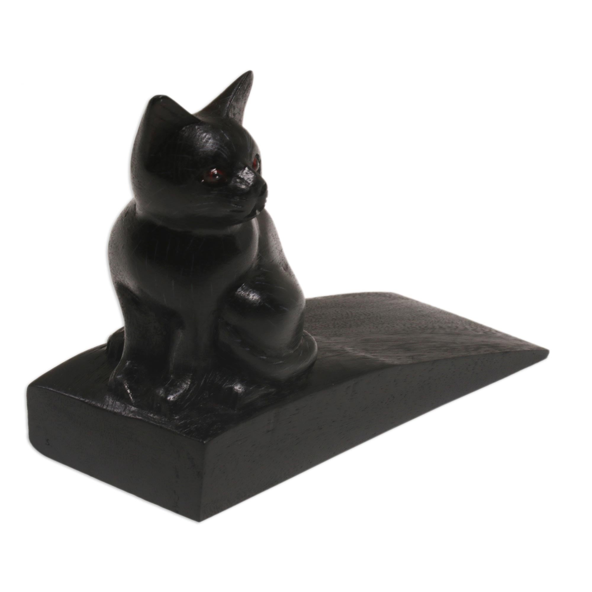 Premium Handcrafted Black Suar Wood Kitten Doorstop